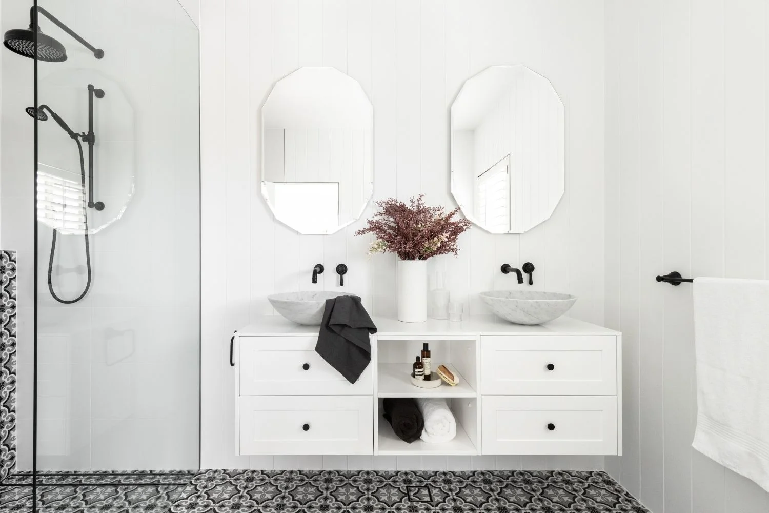 Modern Bathroom Vanities White Matte Black Fixtures Pattern Tiles