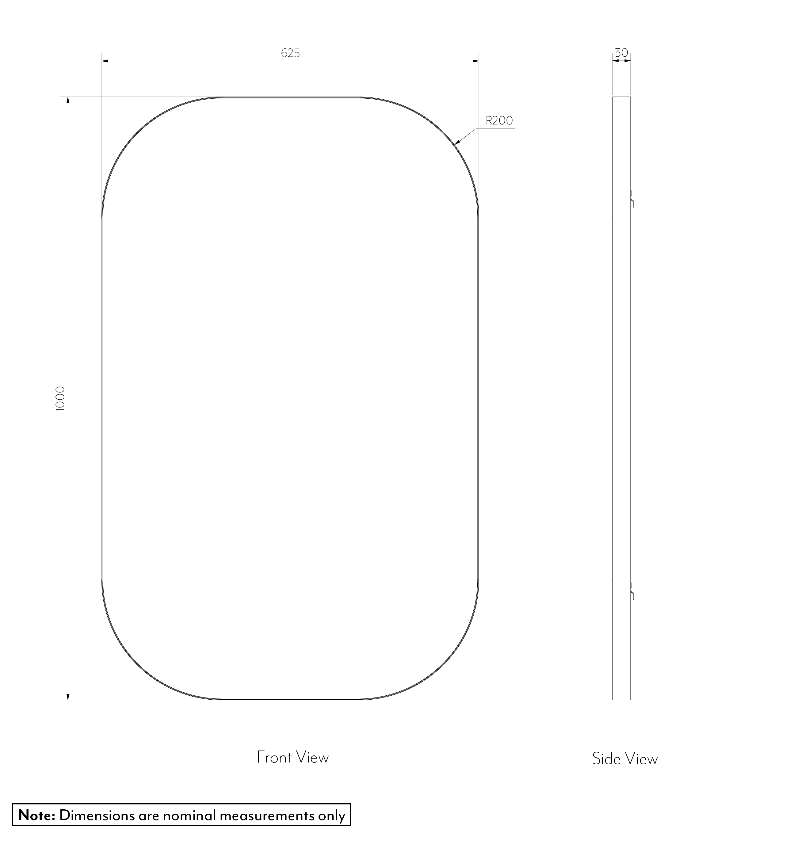 Rounded Rectangle Mirror 1000 x 625mm - SPEC