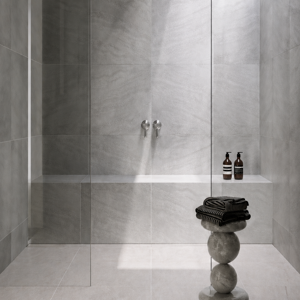 Izmir Travertine Look Light Grey   Lucca Limestone Look Tile LIght Grey Floor - 600 x 600