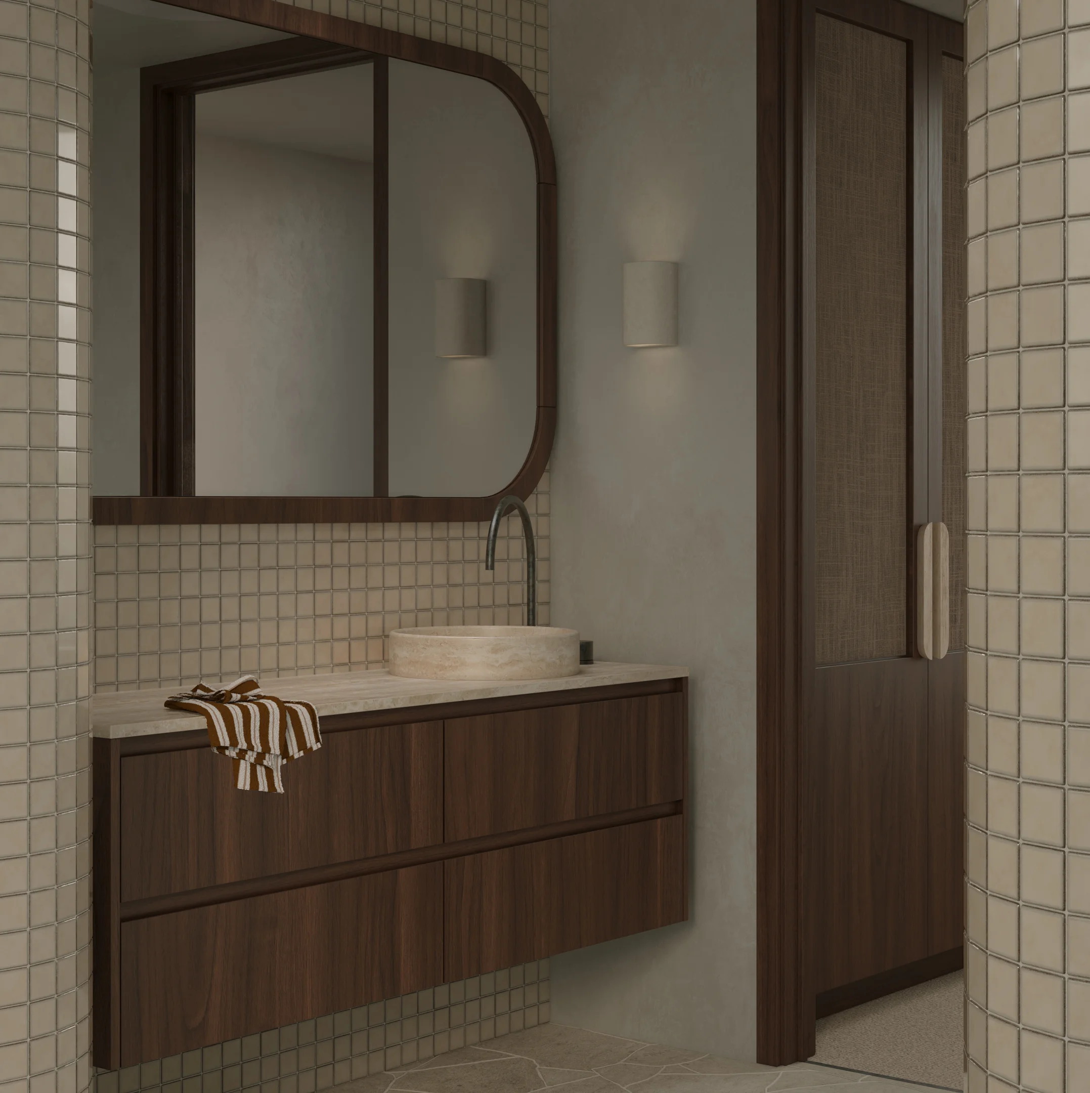Addison Vanity 1500mm-Dark Oak Yama Square Tile-Latte Slate Single