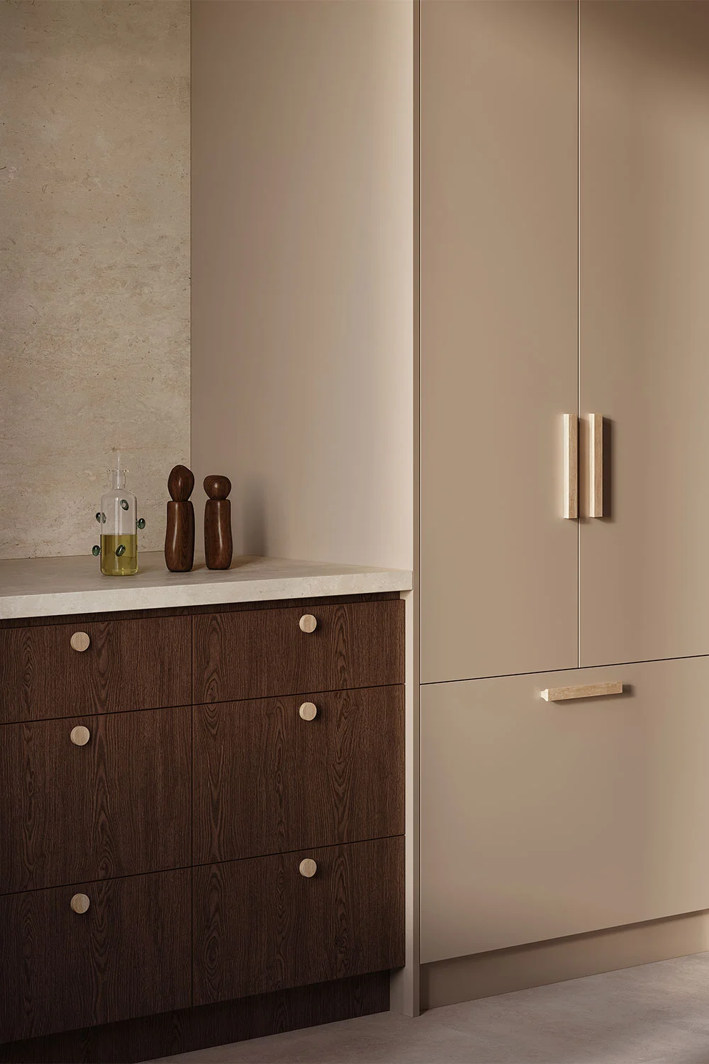 Organic-Modern-Interior-Design-Kitchen-Beige-Travertine-Cabinetry-Pulls-Knobs-Walnut-Timber-Drawers
