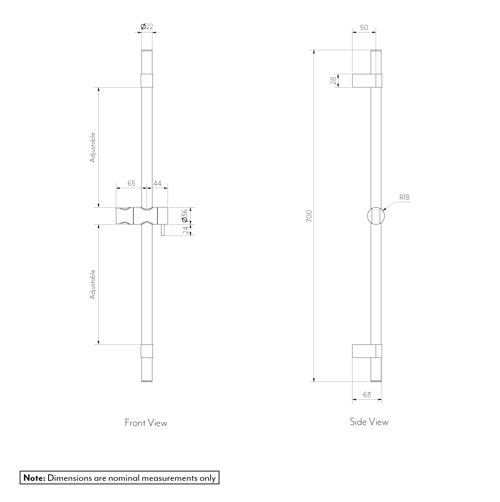 Elysian Adjustable Shower Rail - Brushed Brass - Specifications 1
