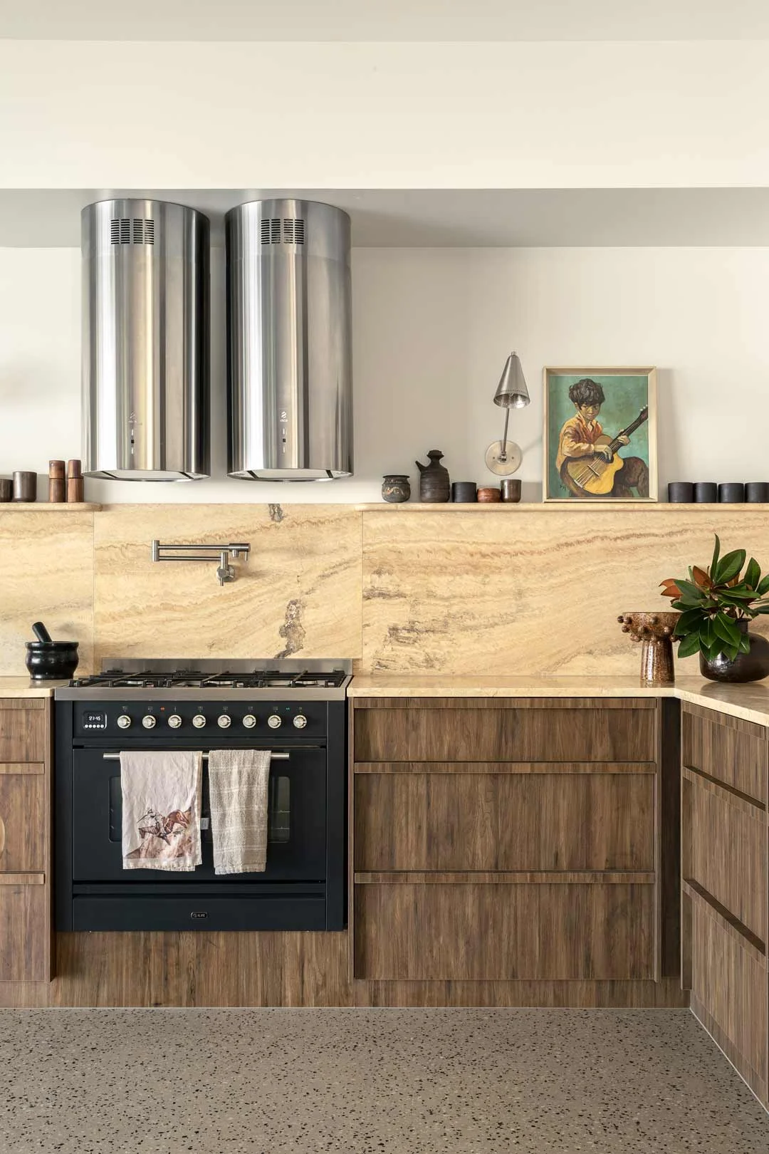 interior-design-trends-yellow-marble-walnut-timber-kitchen-mid-century-modern-chrome-rangehood