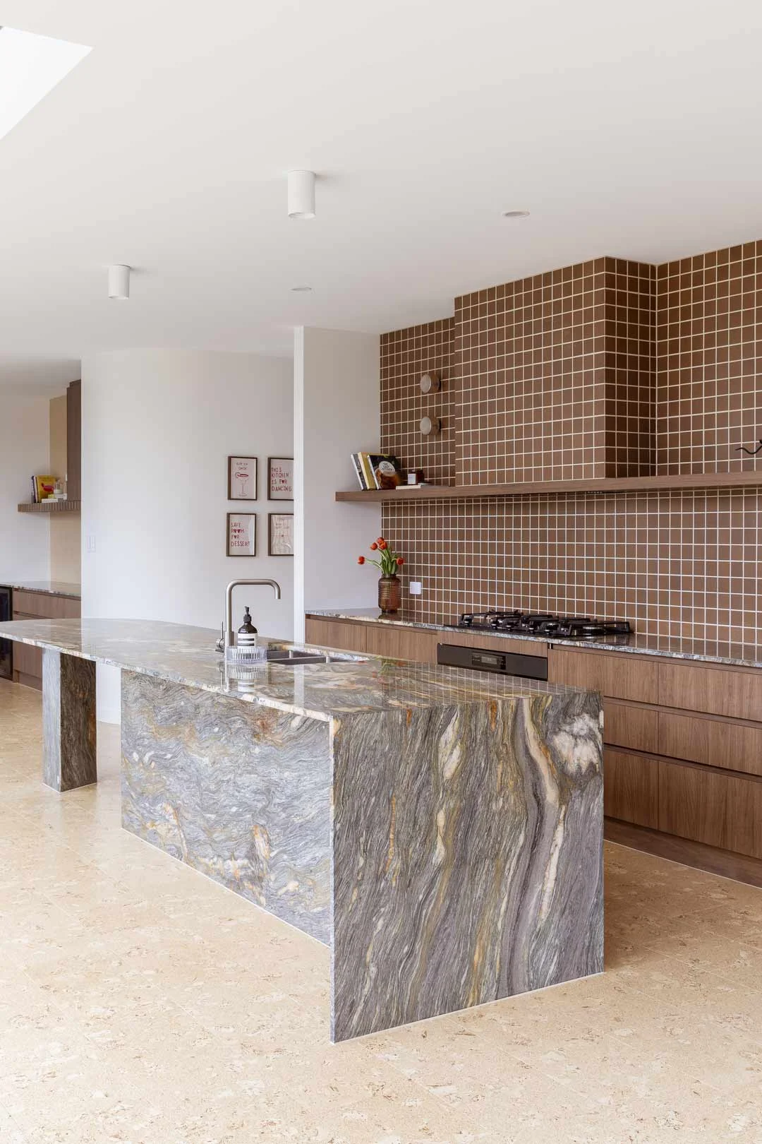 Brown-Tiled-Backsplash-and-Blue-Marble-Kitchen-Island