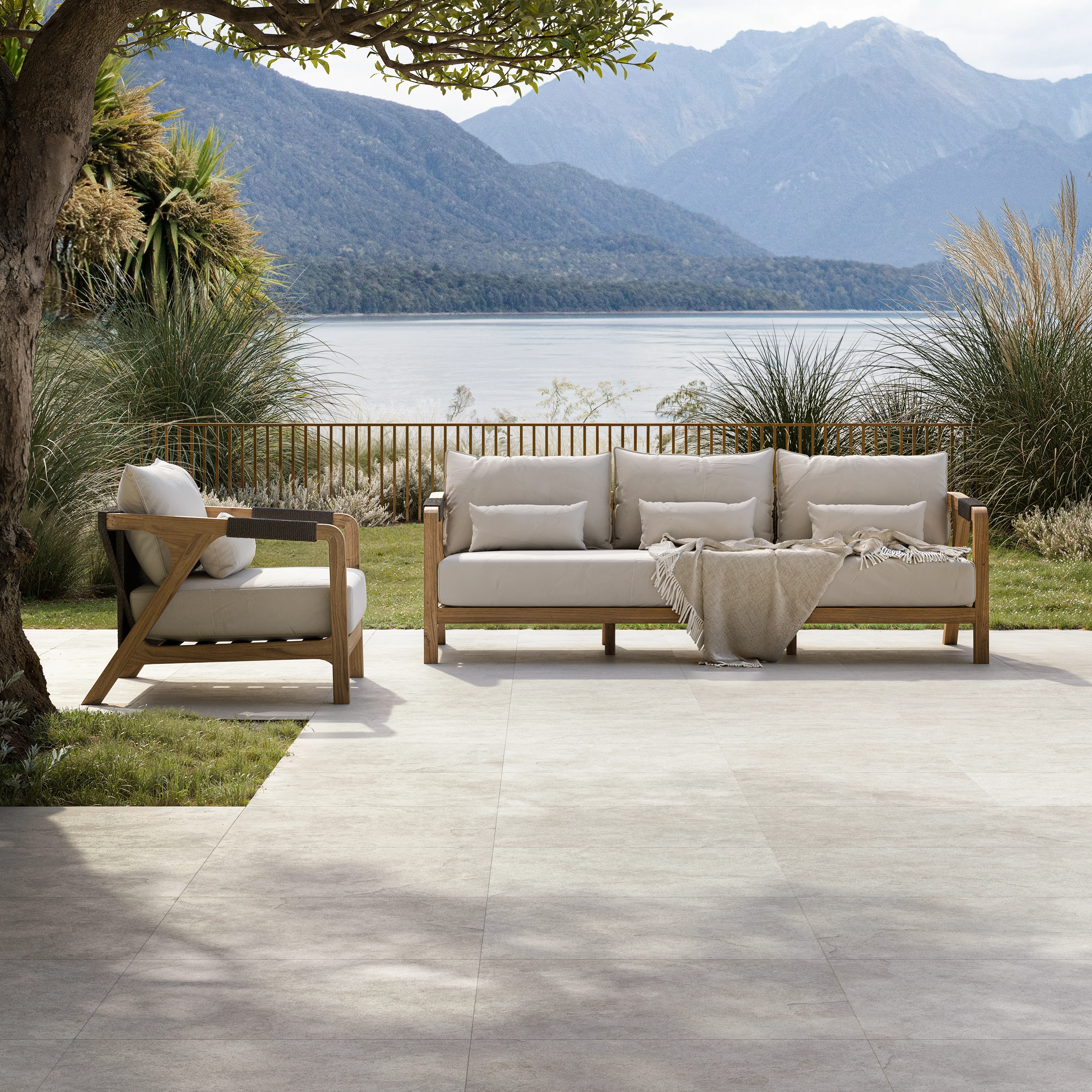 Lucca Limestone Look Outdoor Tile - Light Grey - 600 x 600 - Full Scene