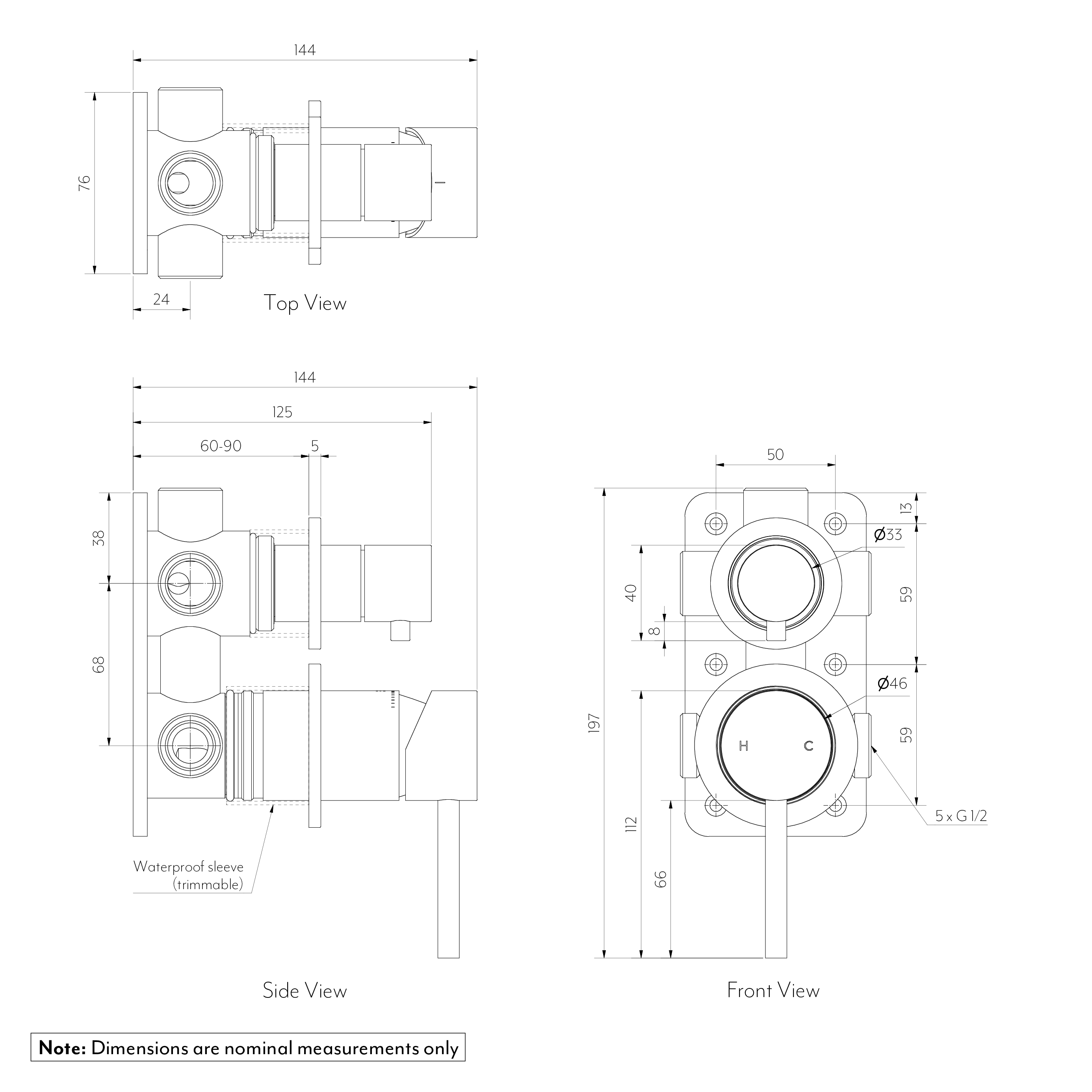 Elysian Thermostatic Minimal 3-Outlet Diverter SPEC