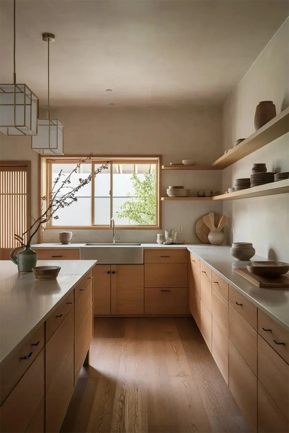 Japandi-Style-Kitchen-Oak-Cabinetry-White-Countertops-Limewash-Ceiling-Walls-Open-Shelving-Farmhouse-Sink-Brushed-Brass-Kitchen-Tap