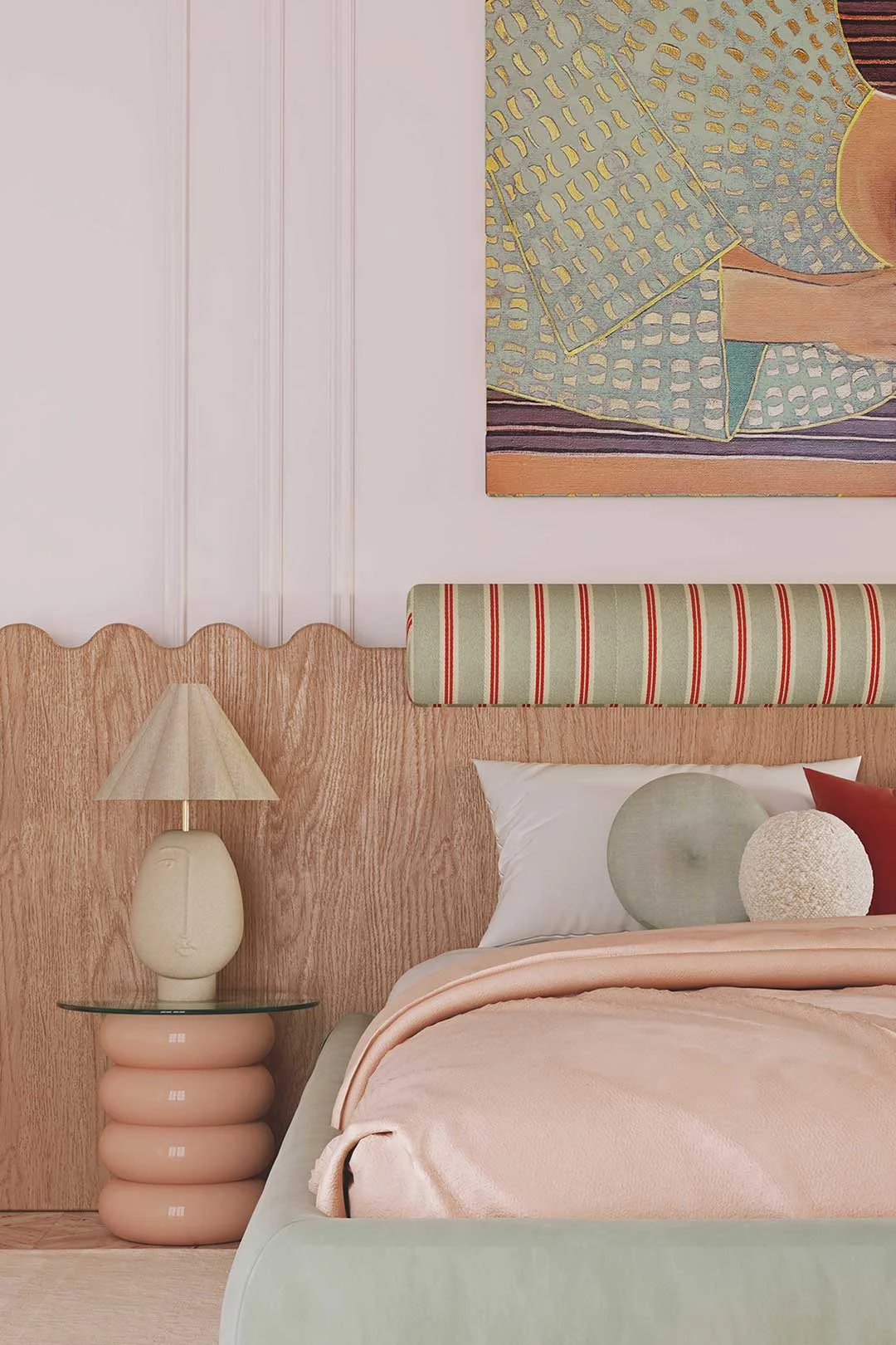 Pastel pink and green features in a moderns yet nostalgic bedroom