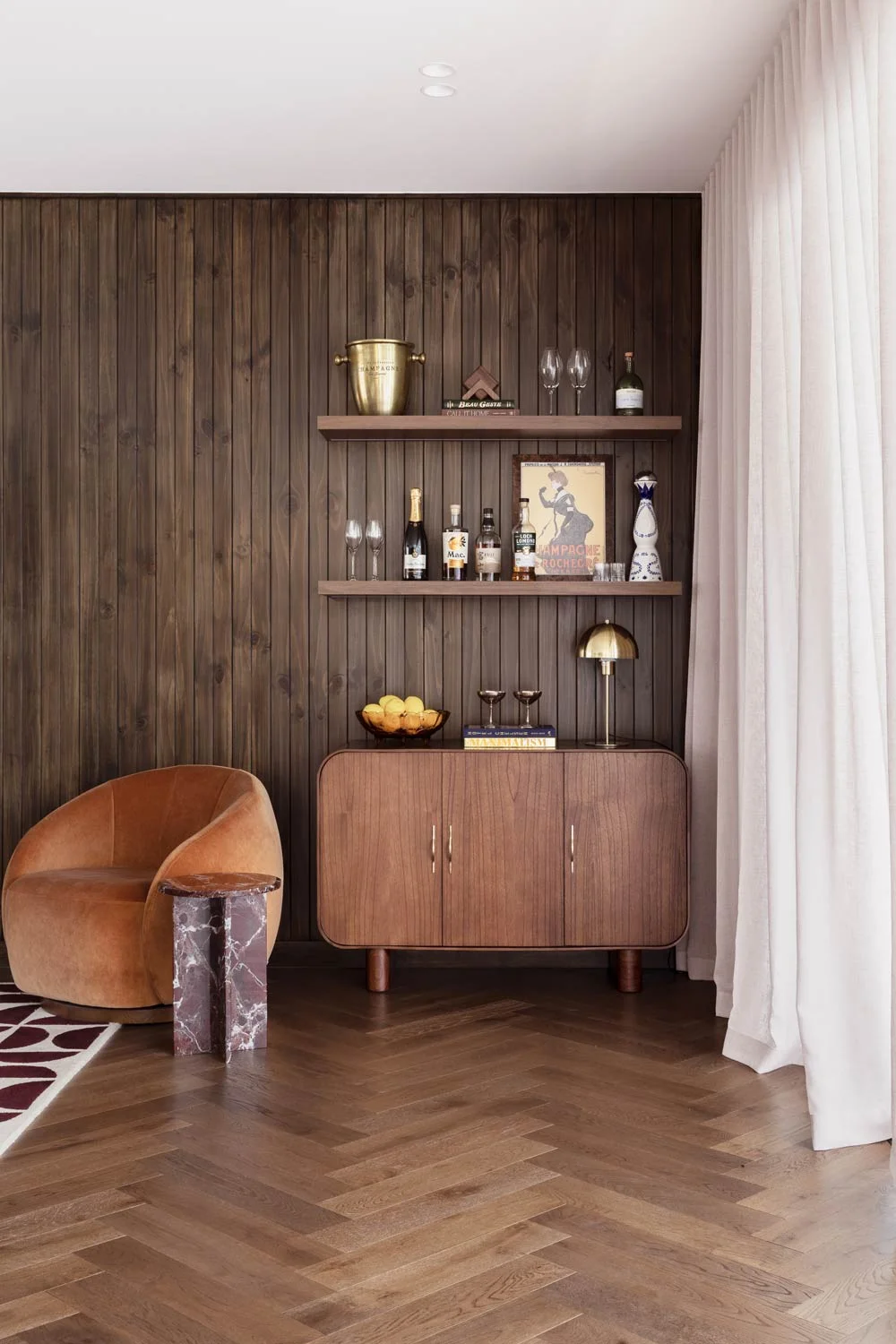 Wood-Interiors-Mid-Century-Modernism-Wallnut-Timber-Walls-Herribone-Timber-Flooring-Bar-Flowy-Curtains