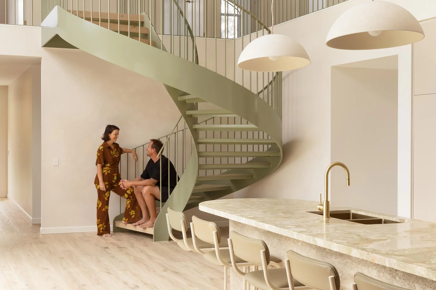 the-lake-house-green-spiral-staircase-monreale-marble-kitchen