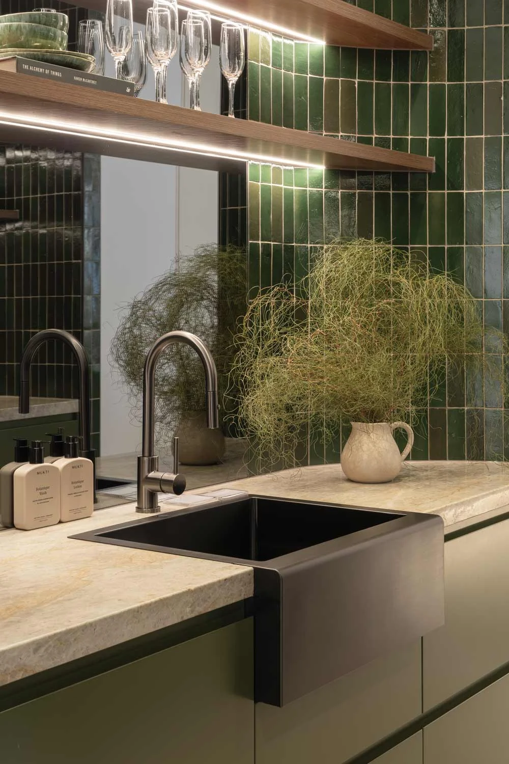 Tile-Trends-Handmade-Zellige-Rectangle-Tiles-Forrest-Green-Fern-Green-Cabinetry-Marble-Benchtop-Brushed-Gunmetal-Sink-Kitchen-Mixer