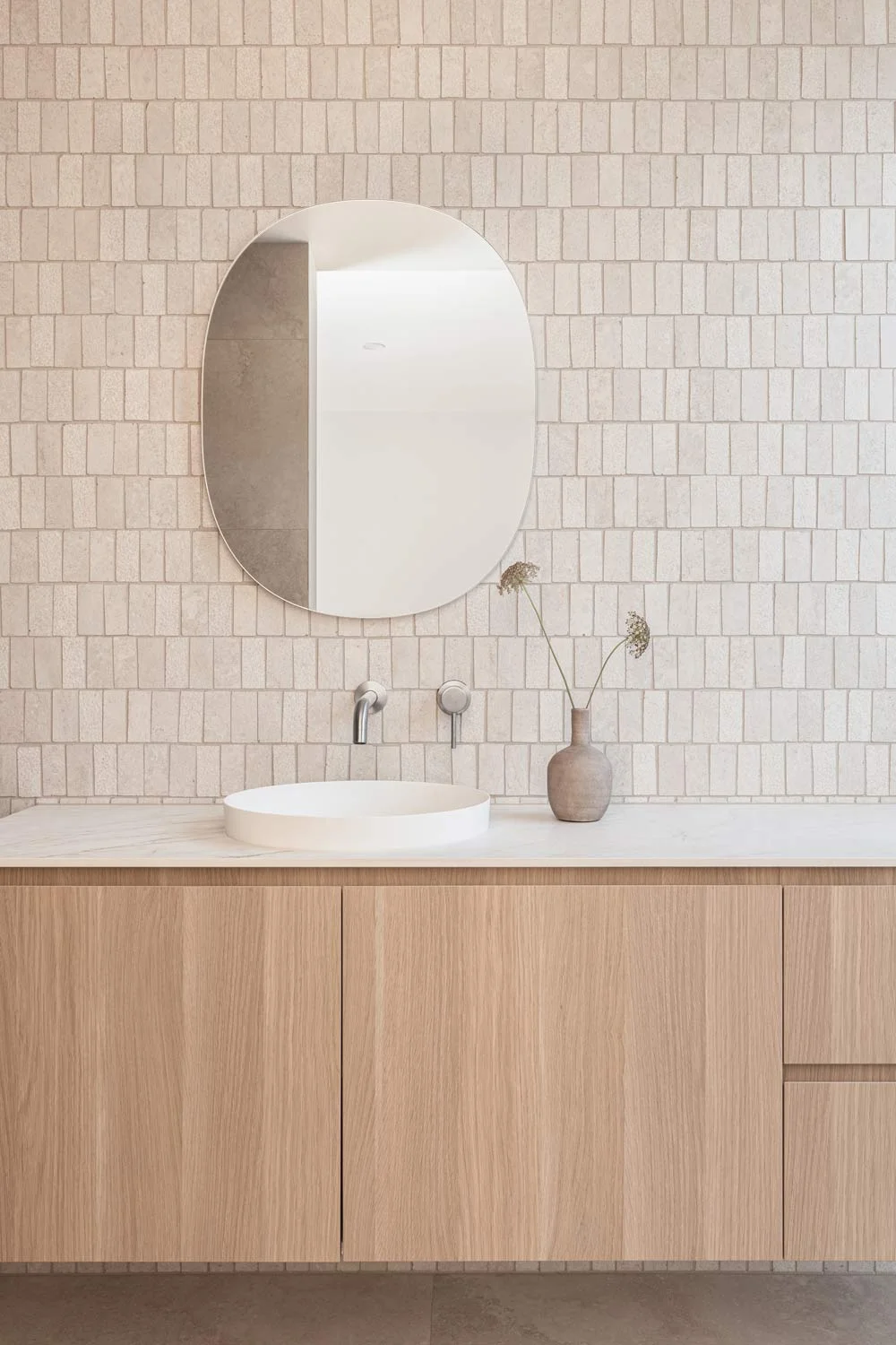 Brushed-Nickel-Vanity-Inset-Basin-Oak-Cabinetry-Cream-Tiles