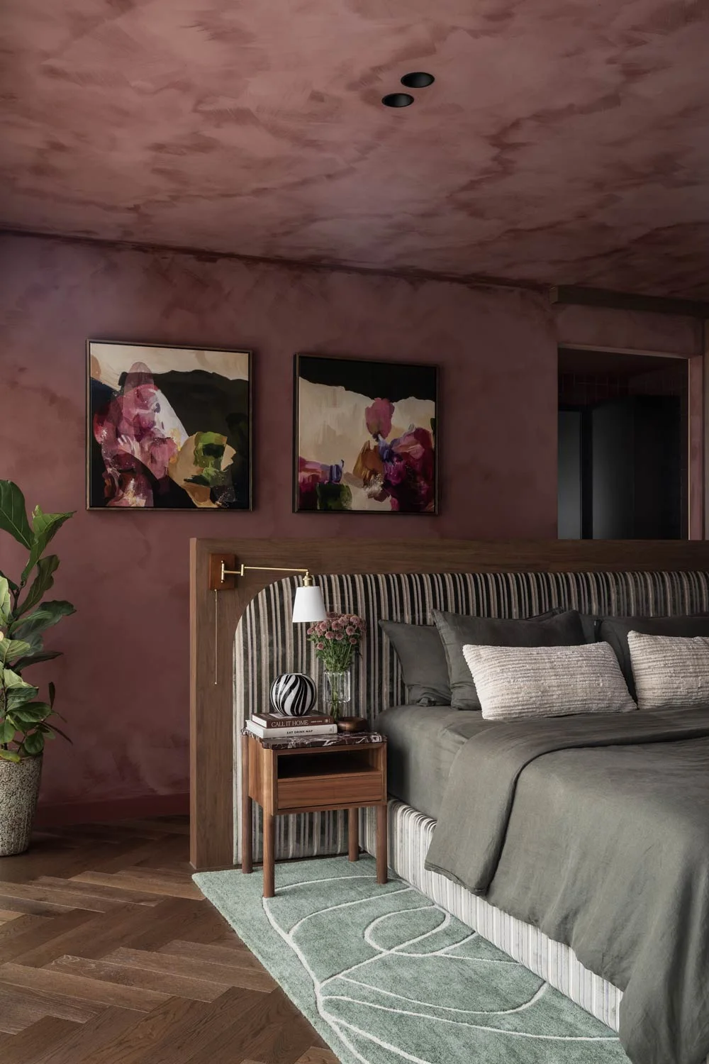 Master-Bedroom-Ideas-Maroon-Limewashed-Walls-Wallnut-Herringbone-Flooring