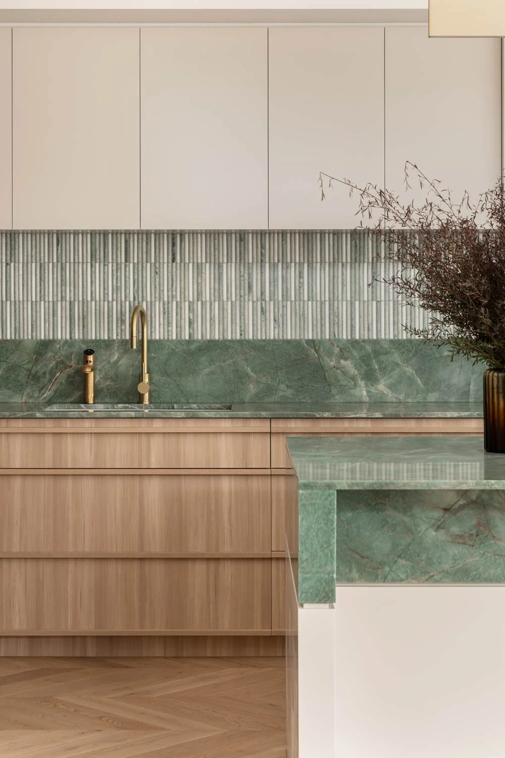 Happy-Haus-Modern-Interior-Design-Brushed-Brass-Tapware-Brazillian-Emerald-Quartzite-Benchtops-Oak-Cabinetry-Herringbone-Floorboards