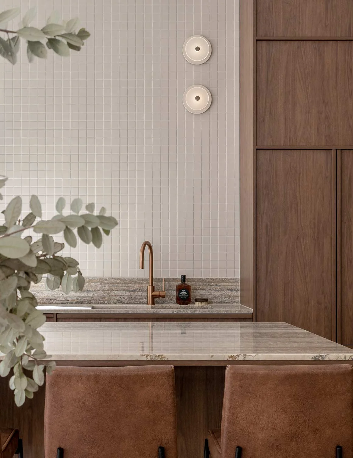 Wood-Interiors-Wallnut-Timber-Cabinetry-Marble-Kitchen-Countertop-Brushed-Copper-Tapware
