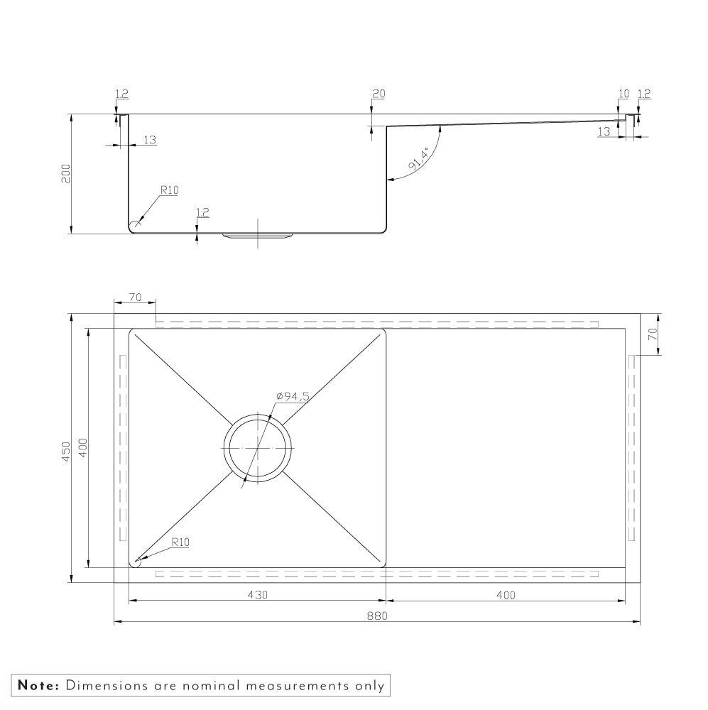 Jai Single Kitchen Sink 880mm - Brushed Gunmetal - Specifications 1