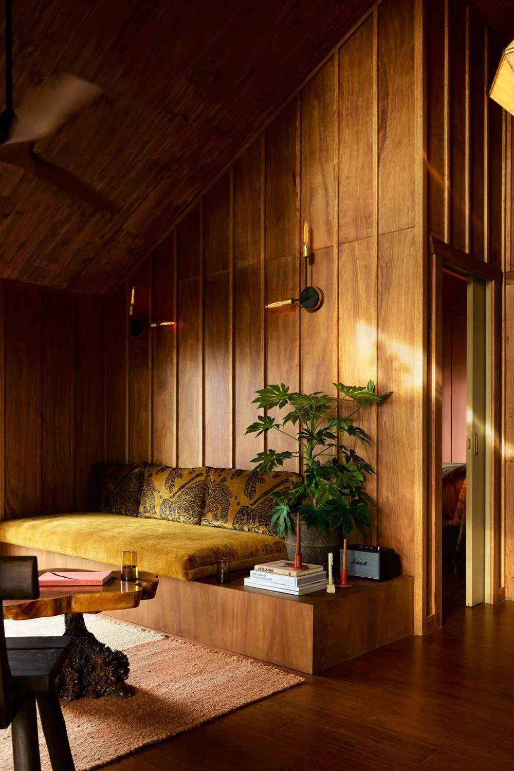 Wood-Interiors-Wall-Flooring-Retro-Velvet-Mustard-Couch-Living-Space-Timber-Cladding