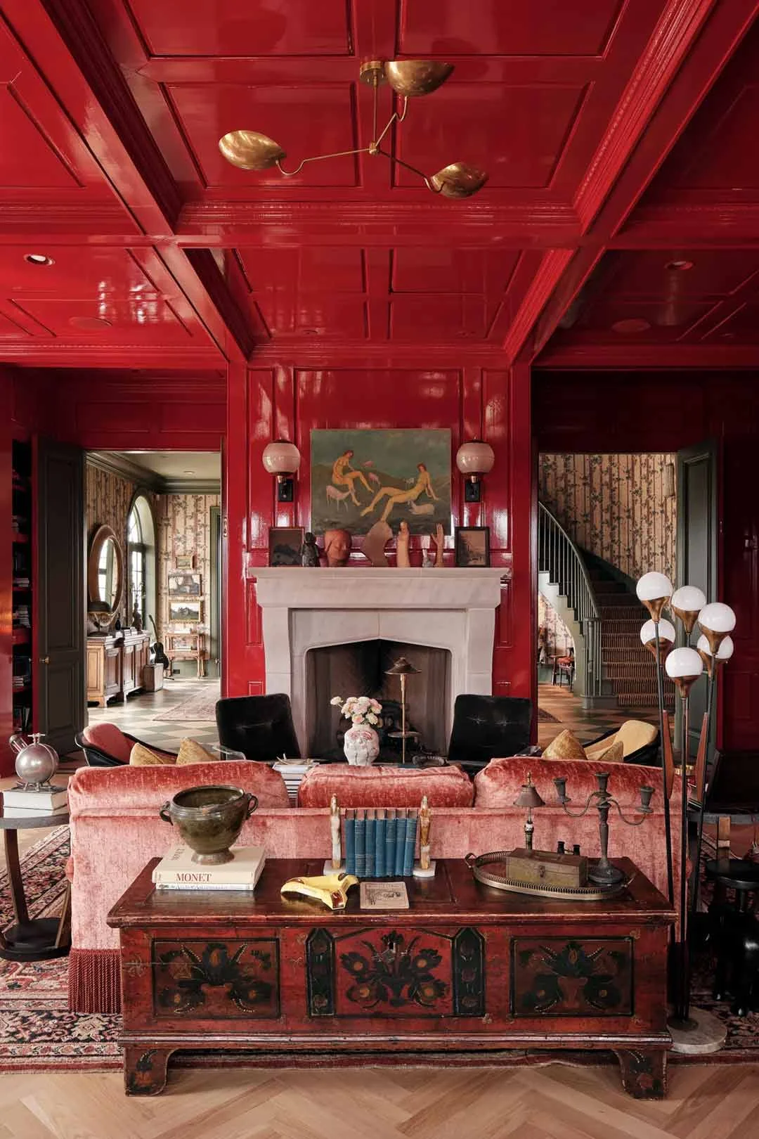 maximalist-home-decor-vibrant-red-provincial-ceiling-living-room