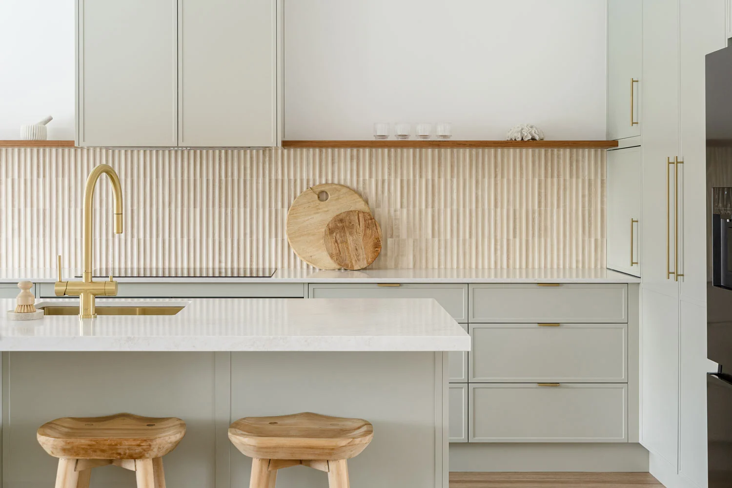 Best-Tile-For-Kitchen-Splashback-Brushed-Brass-Kitchen-Mixer-Sage-Green-Shaker-Cabinetry