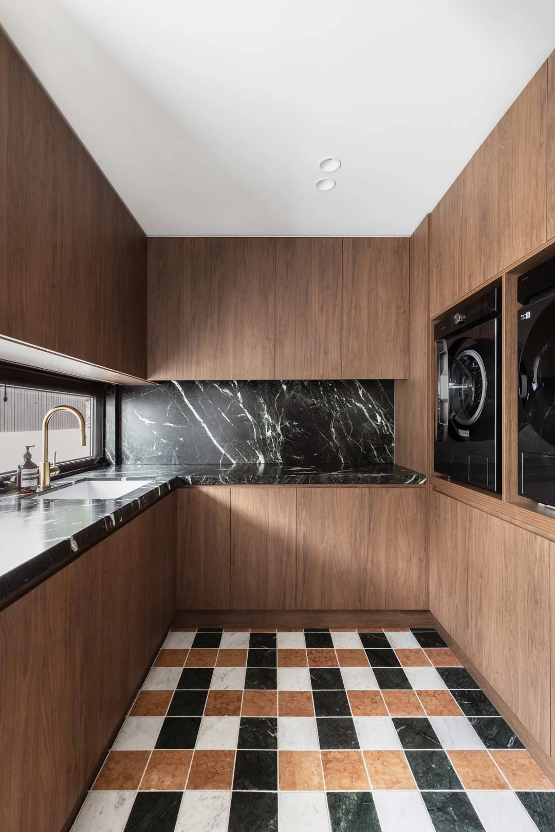 Min-Century-Walnut-Cabinetry-Laundry-Tiled-Pattern-Floor