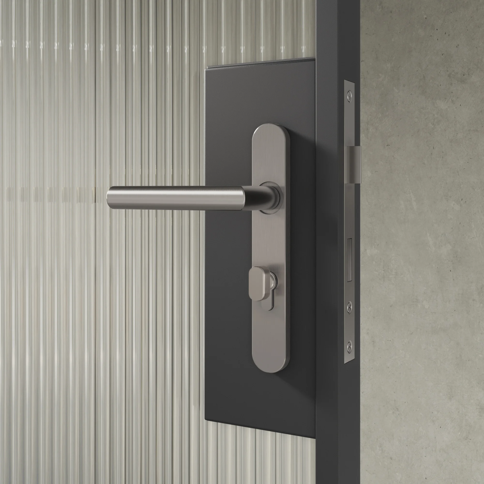 Entry Pulls Davis Entry Door Handle CLOSE UP Looking OUT SS Key-Lock