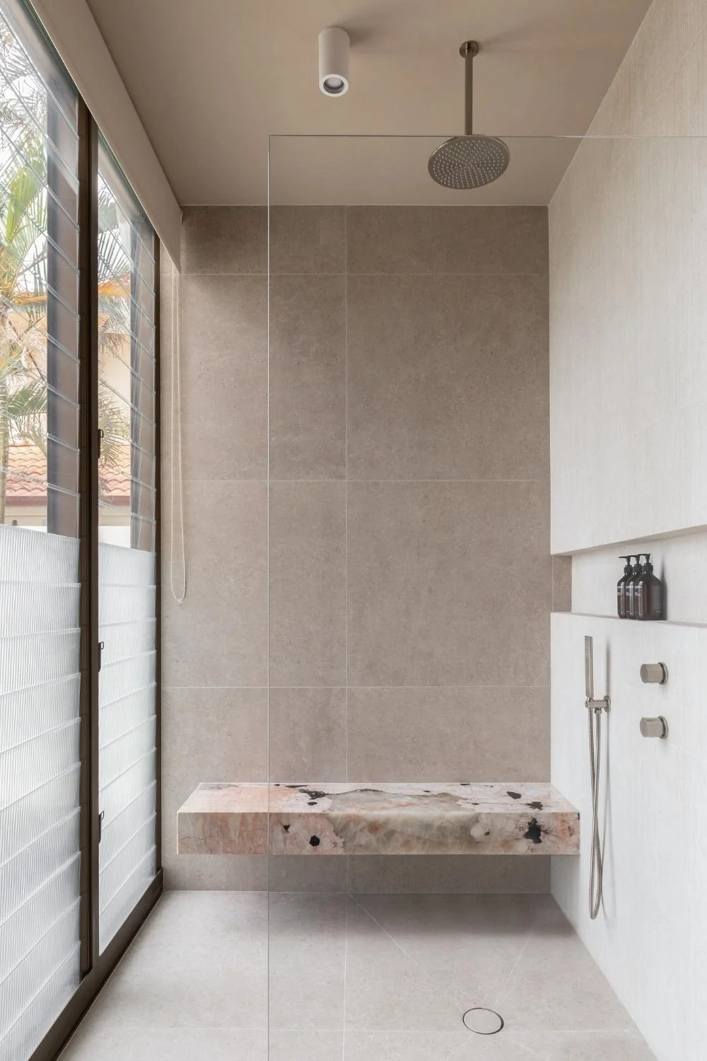 Bathroom Lighting Ideas Marble Bench Open Shower