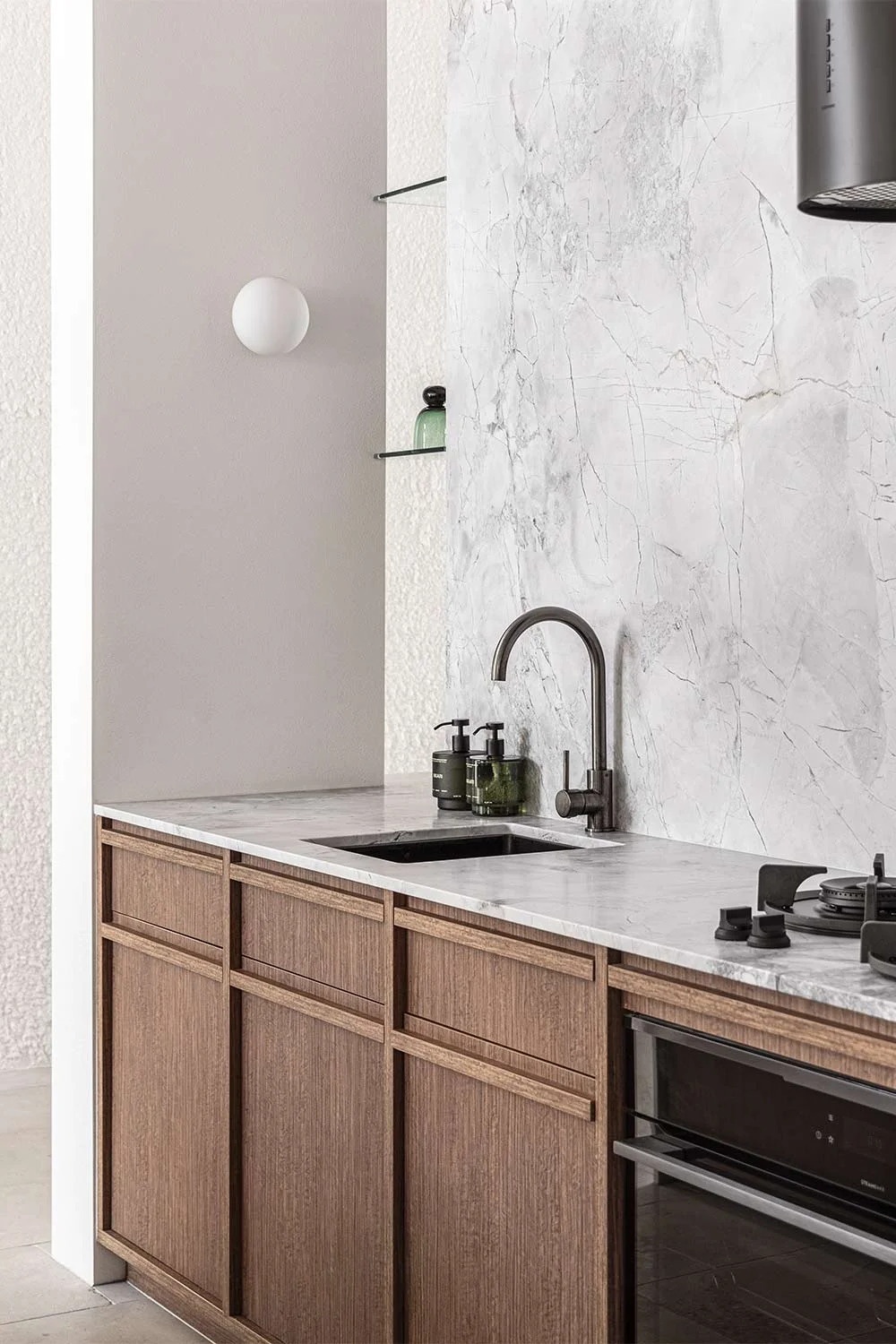 Japandi-Style-Walnut-Cabinetry-Marble-Wall-Benchtop-Brushed-Gunmetal-Kitchen-Tap-Sink