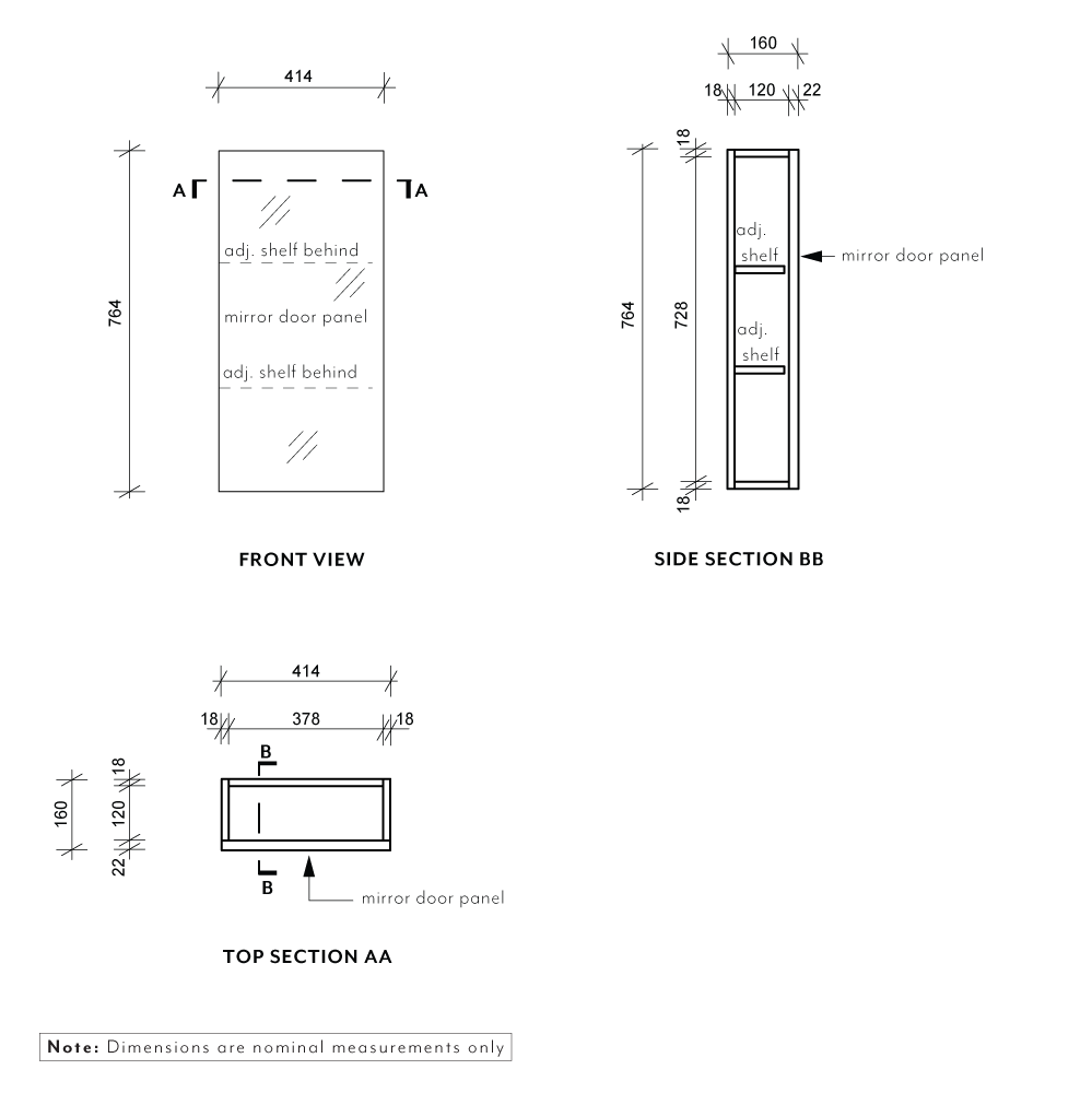 Myra 1-Door Mirror Cabinet Recessed - 414mm - Specifications 1