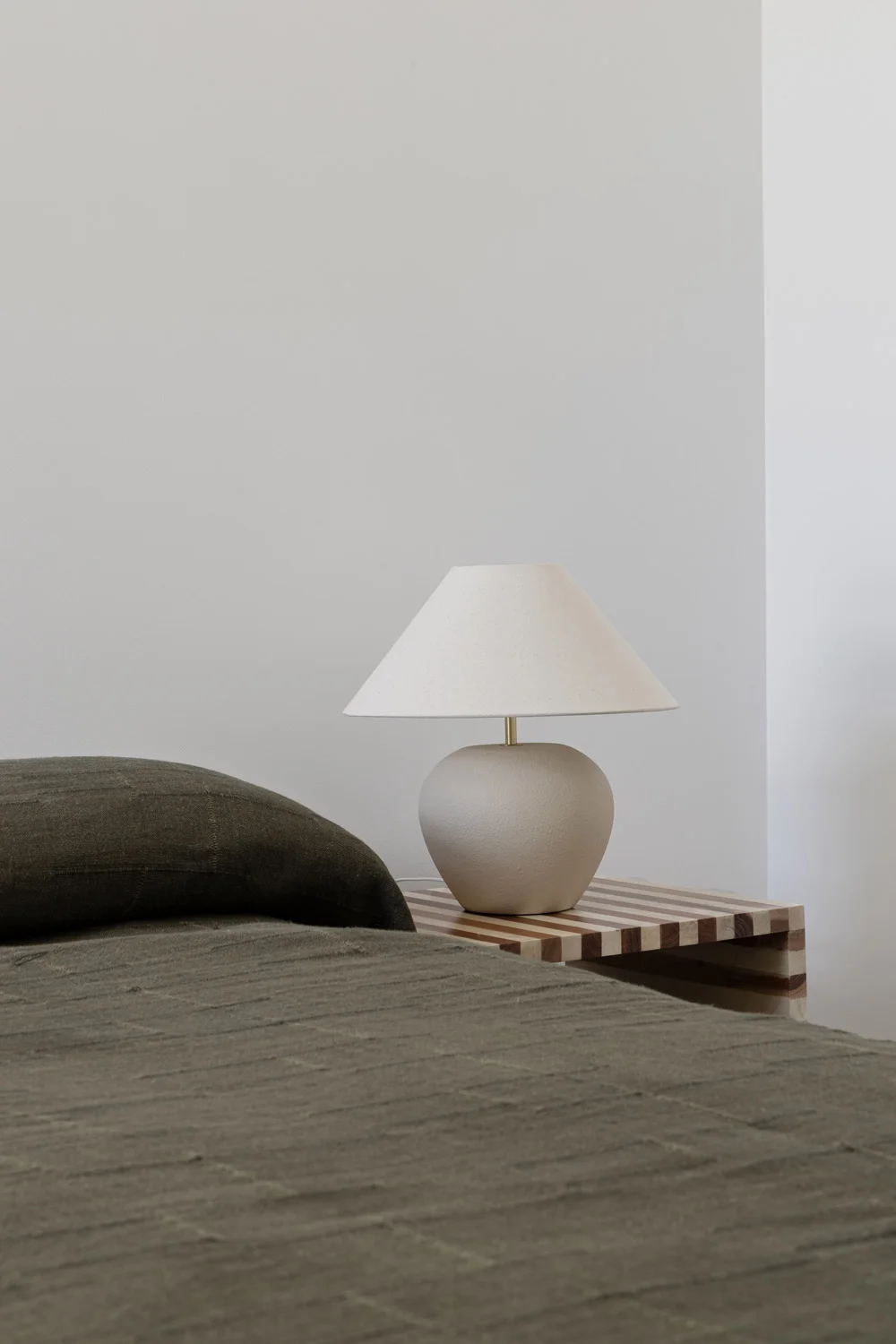 Contemporary-Interior-Design-Modern-Australian-Neutral-Green-Bedroom-Linen-Bed-Stripe-Timber-Bedside-Table