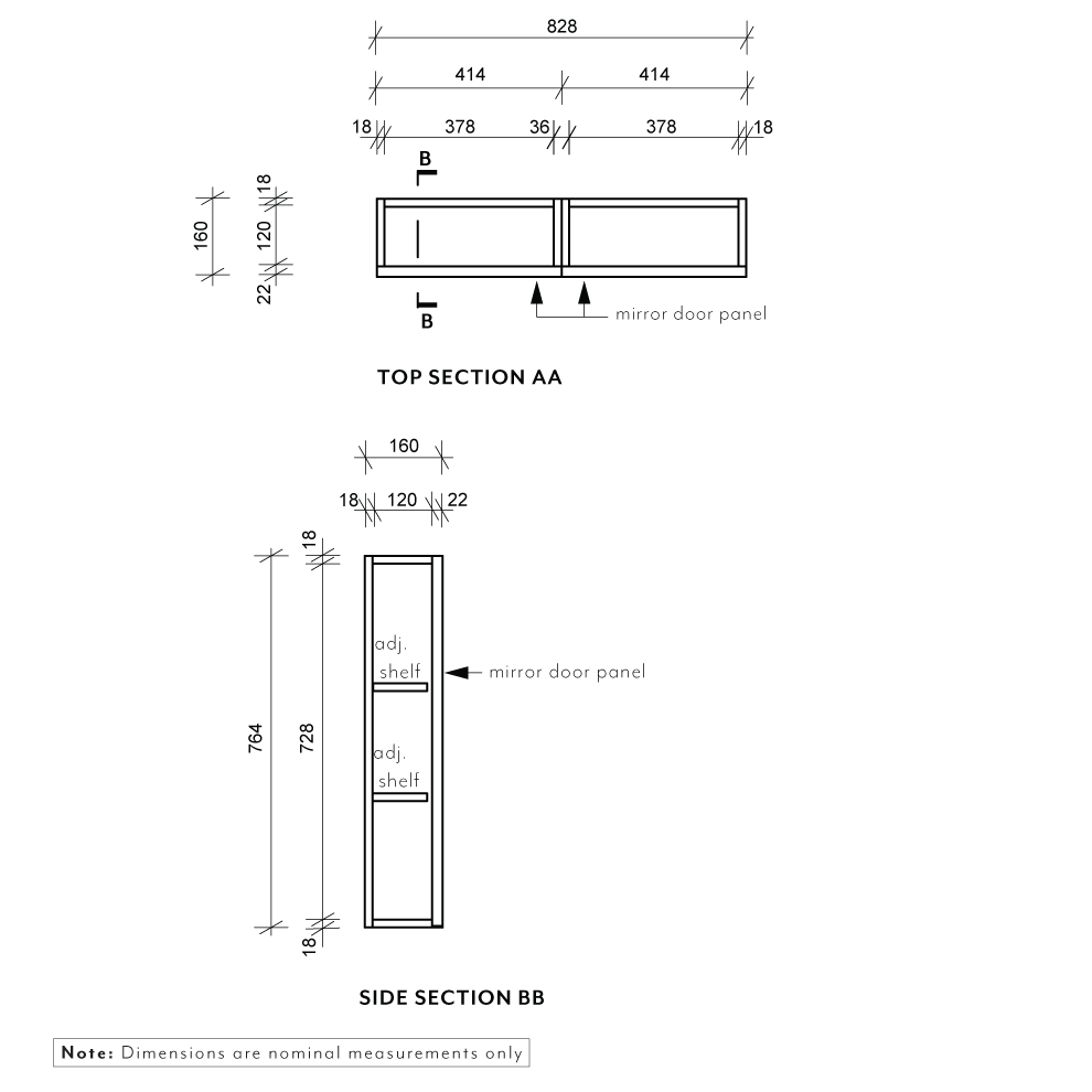 Myra 2-Door Mirror Cabinet Recessed - 828mm - Specifications 1
