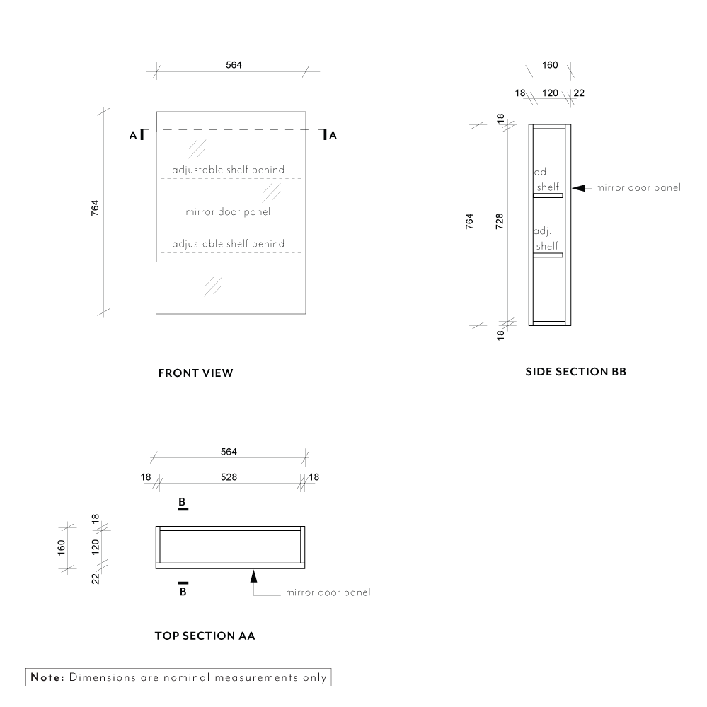Myra 1-Door Mirror Cabinet Recessed - 564mm - Specifications 1