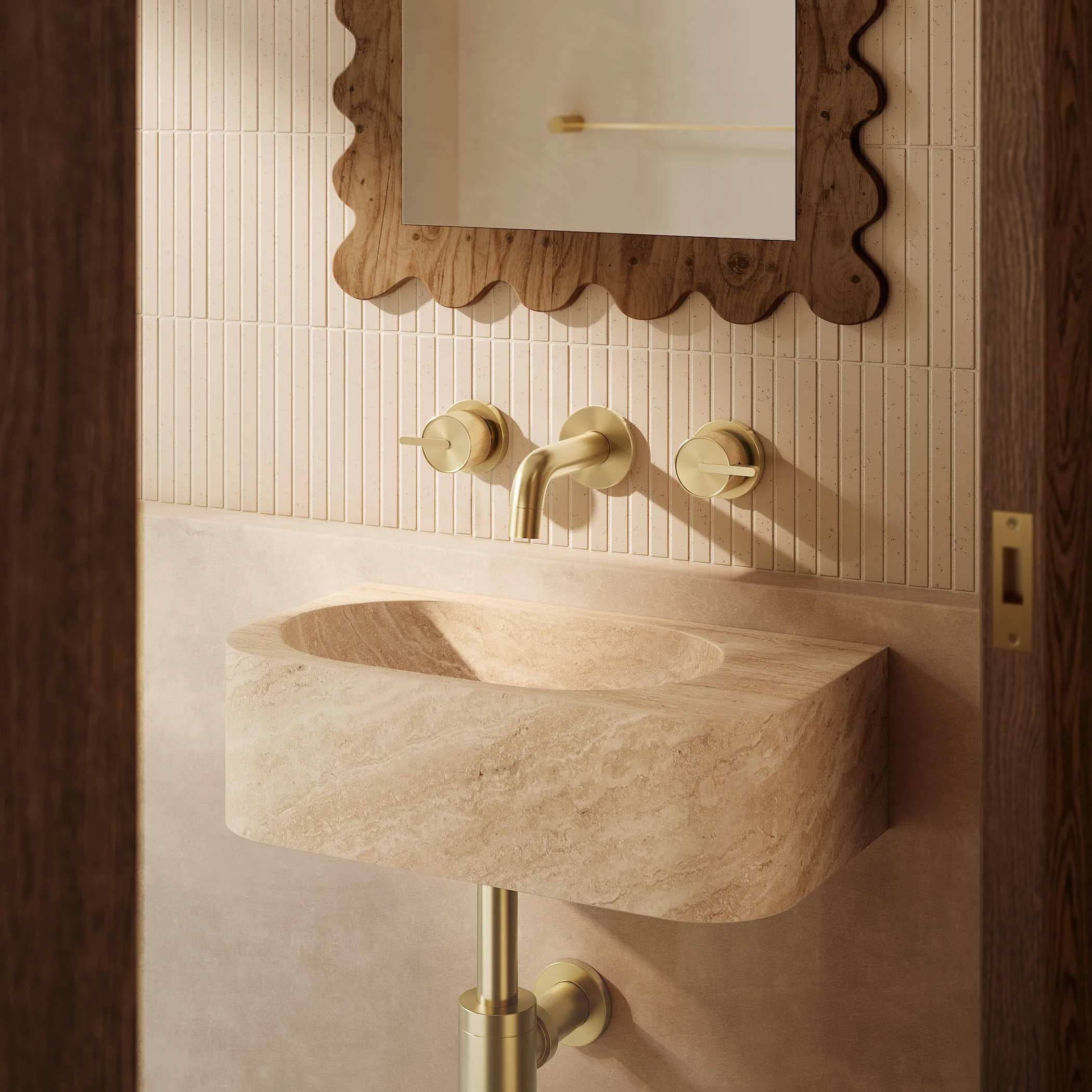 Pedra Wall Mounted Basin 400mm Beige Travertine V1
