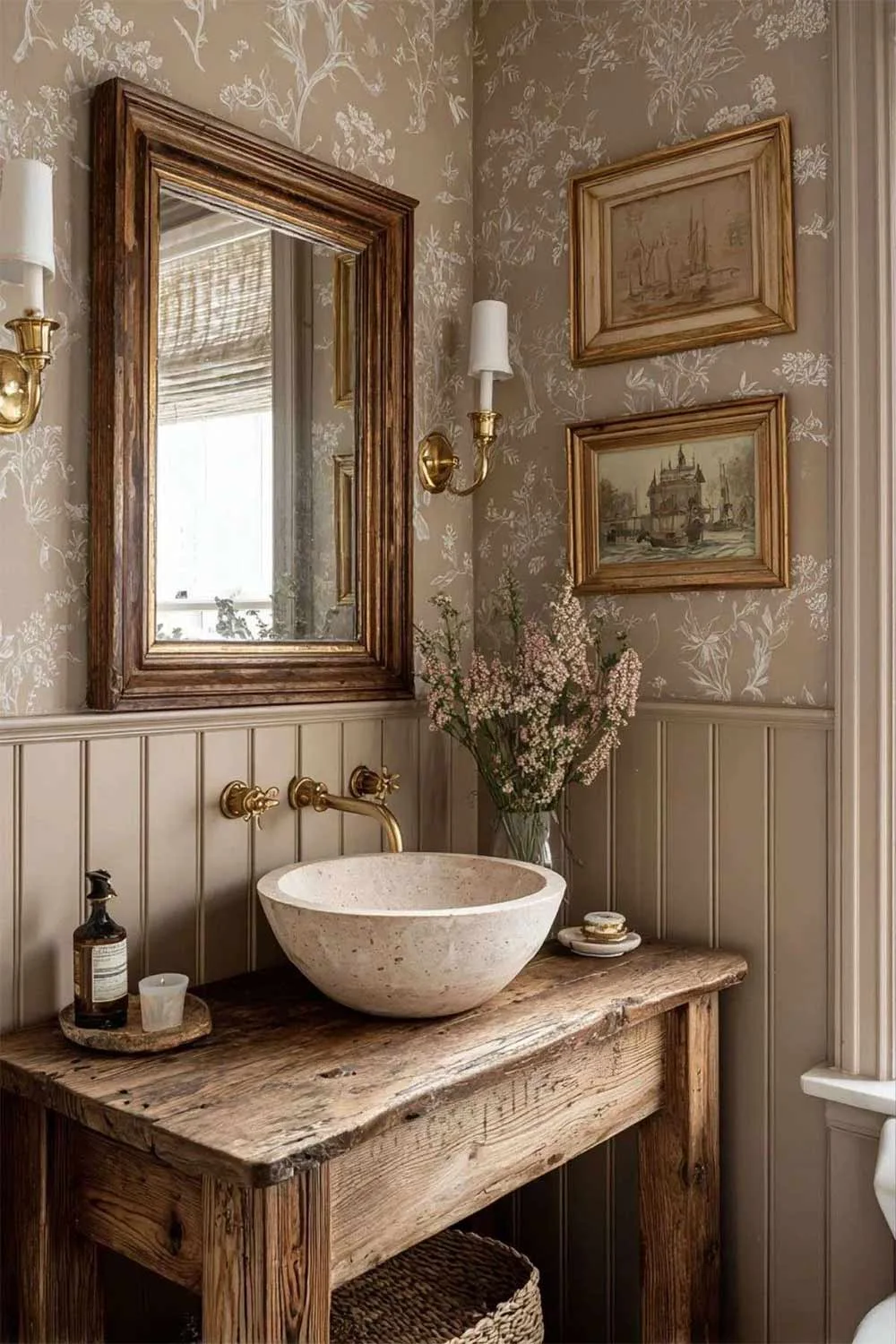 Cottagecore-Powder-Room-Printed-Wallpaper-Vintage-Mirror-Artwork