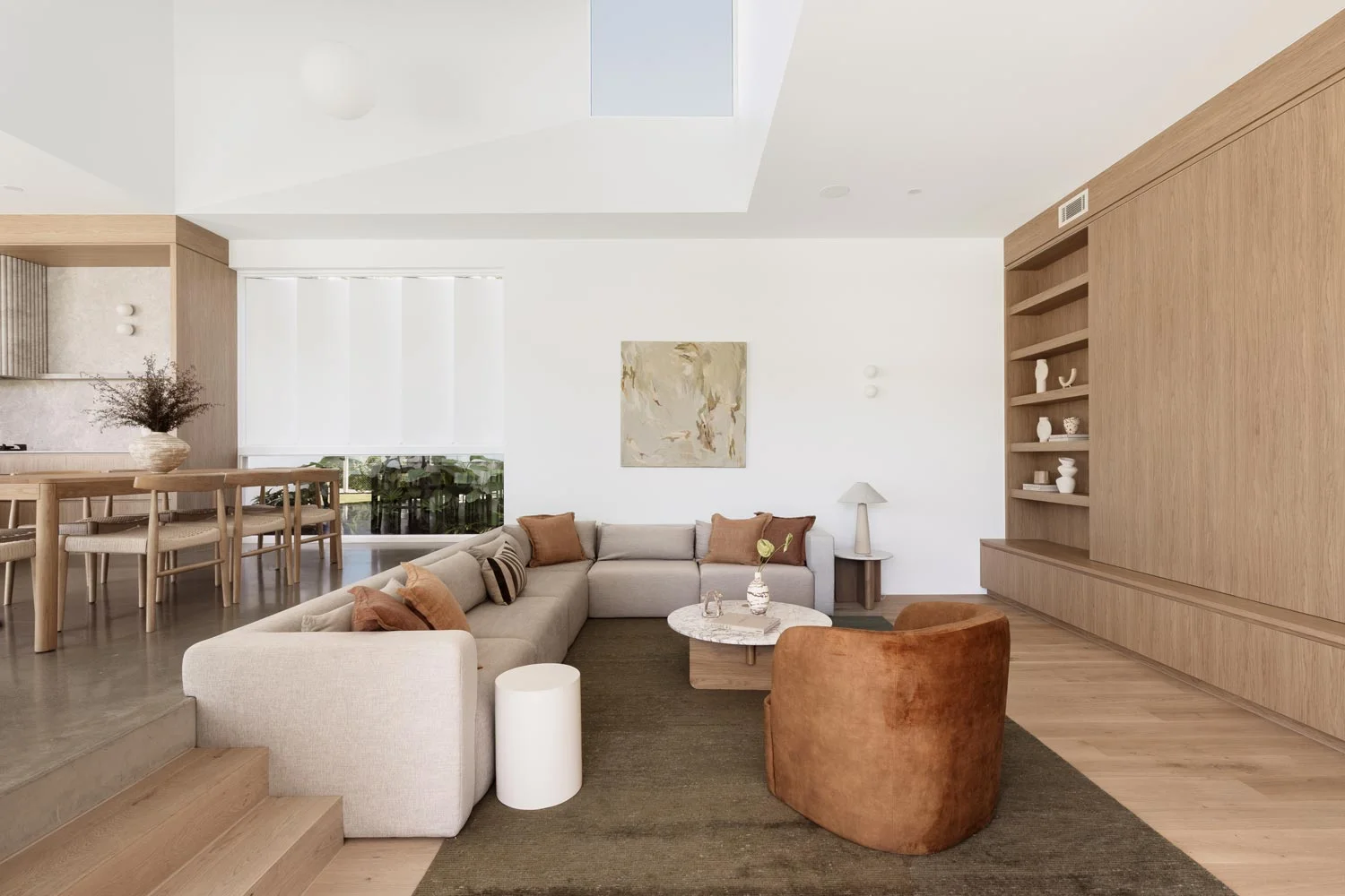 Contemporary-Interior-Design-Modern-Australian-Sunken-Lounge-Room-Skylight-Oak-Timber-Polished-Concrete