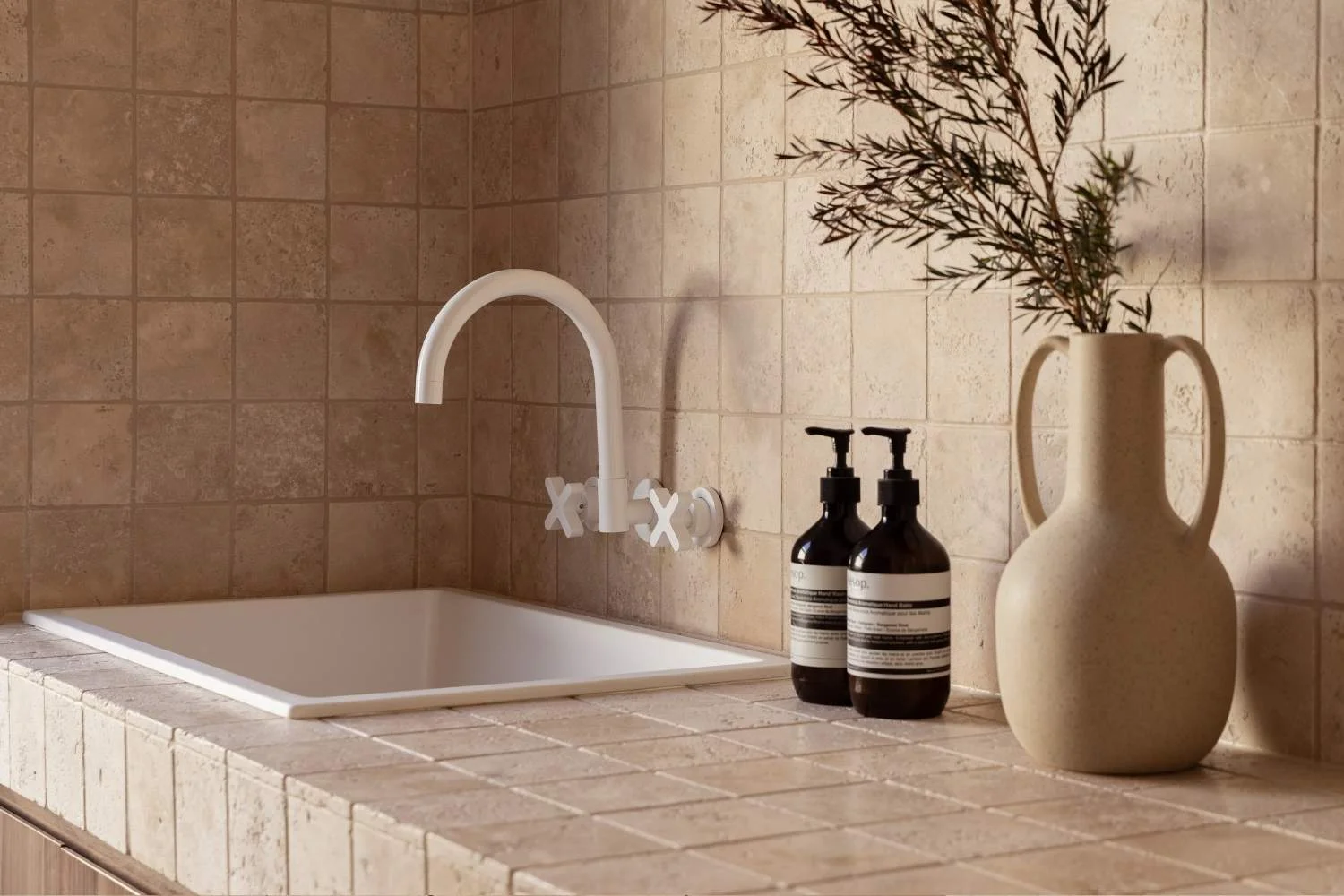 Tile Texture Travertine Look Tile White Tapware Chunky
