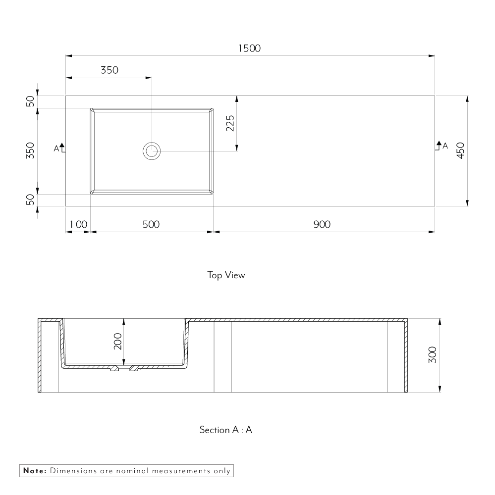 Henderson Wall Mounted Basin 1500mm  Matte White - Specifications 1