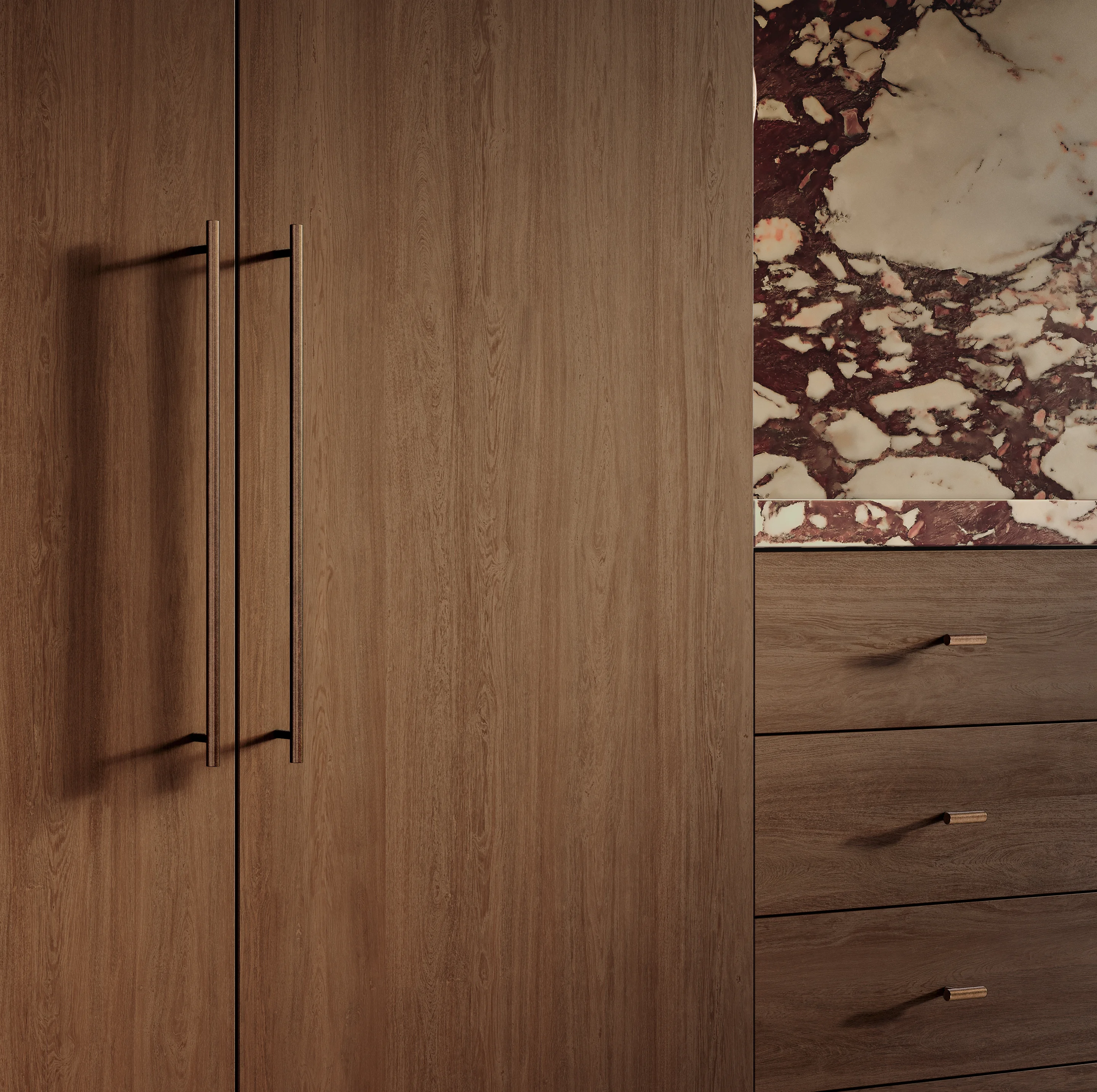 Antique%20Collection%20Kitchen%20Scene%20Close%20Up View%20E %20Tezra%20Cabinetry%20T-Pull%20500mm Bronze