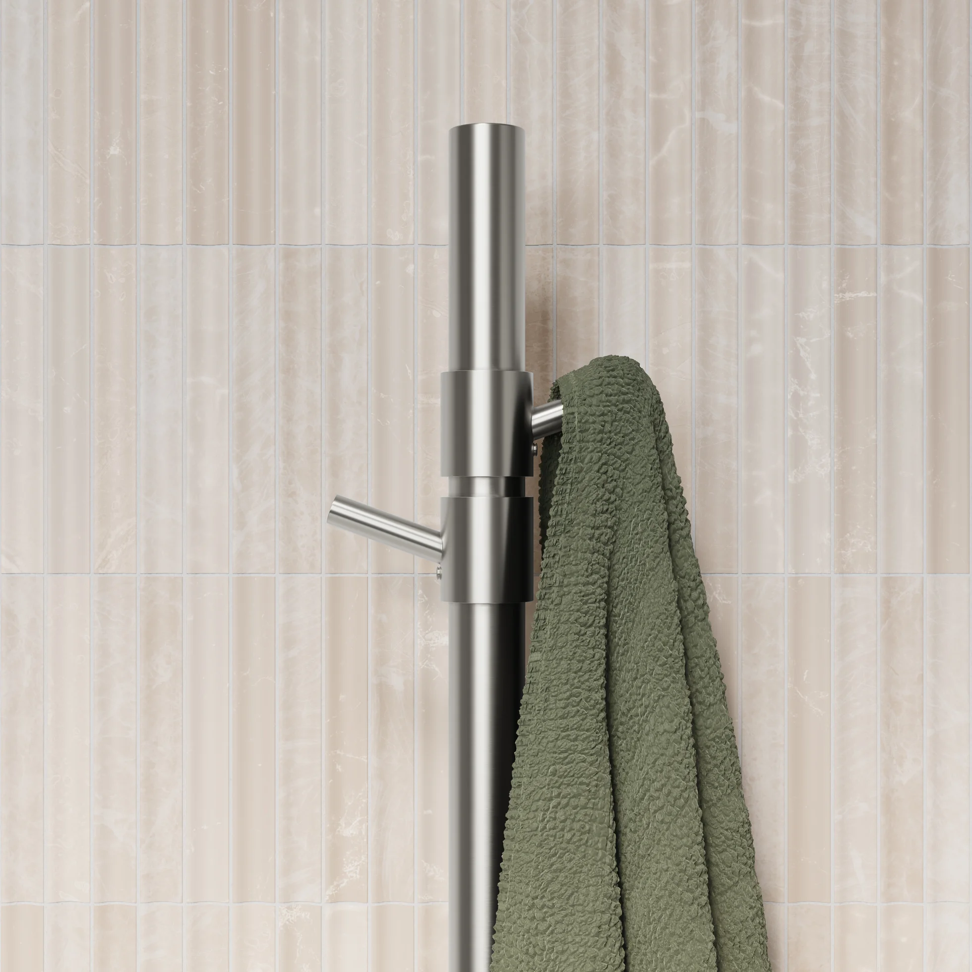 ModiAdjHeatedTowelRail Final View03 HooksClosup SS 01