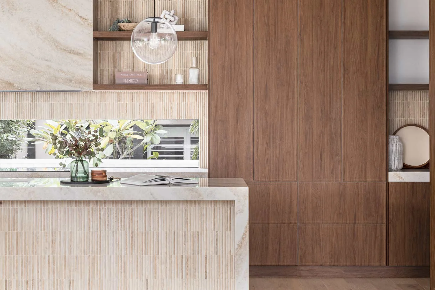Best-Tile-Kitchen-Travertine-Fluted-Tiles-Island-Bench-Splashback-Feature-Marble-Countertops-Walnut-Cabinetry