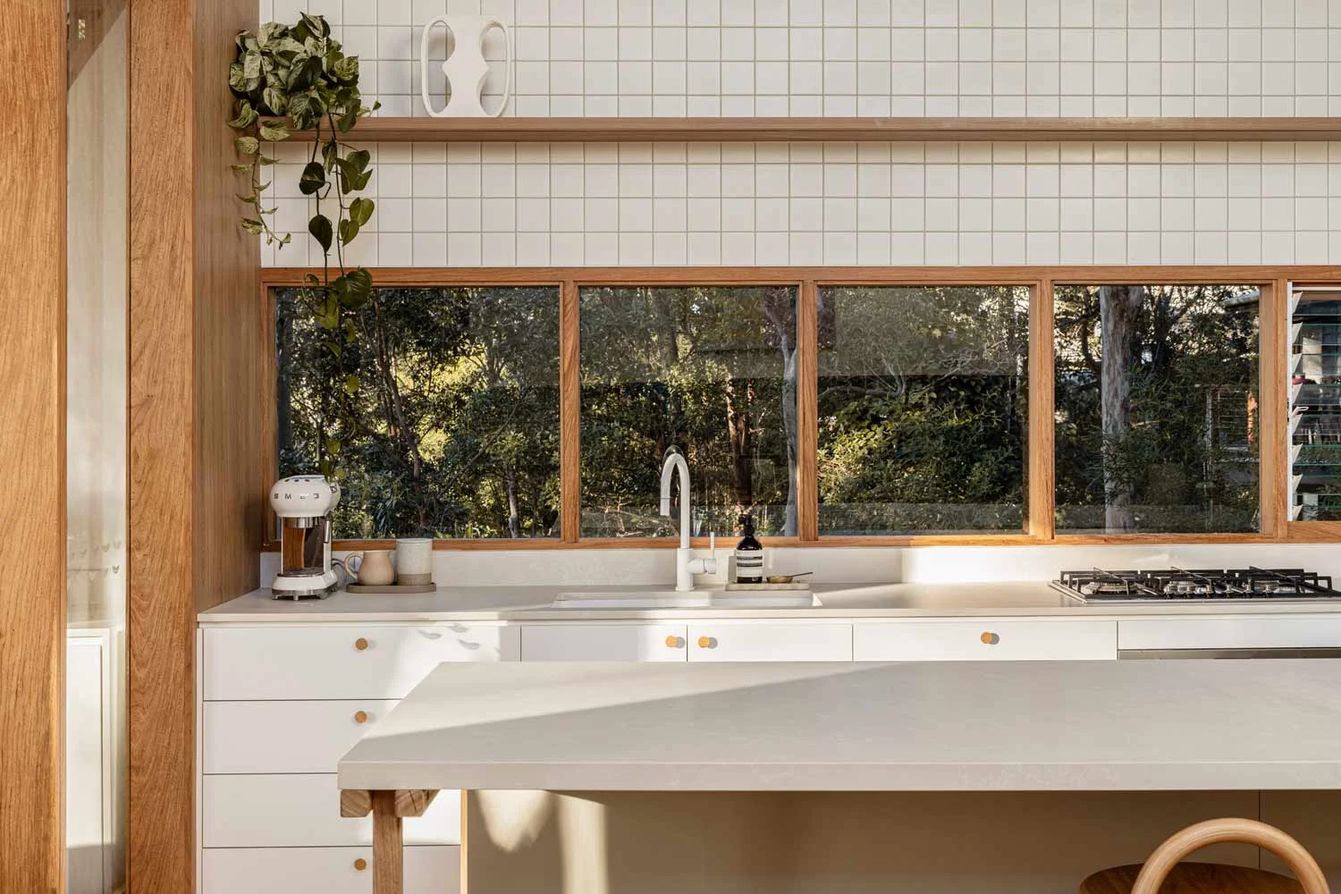 Luxury-Modern-Kitchen-Design-Renovation-Remodel-White-Square-Tile-Feature-Timber-Shelving-White-Kitchen-Mixer