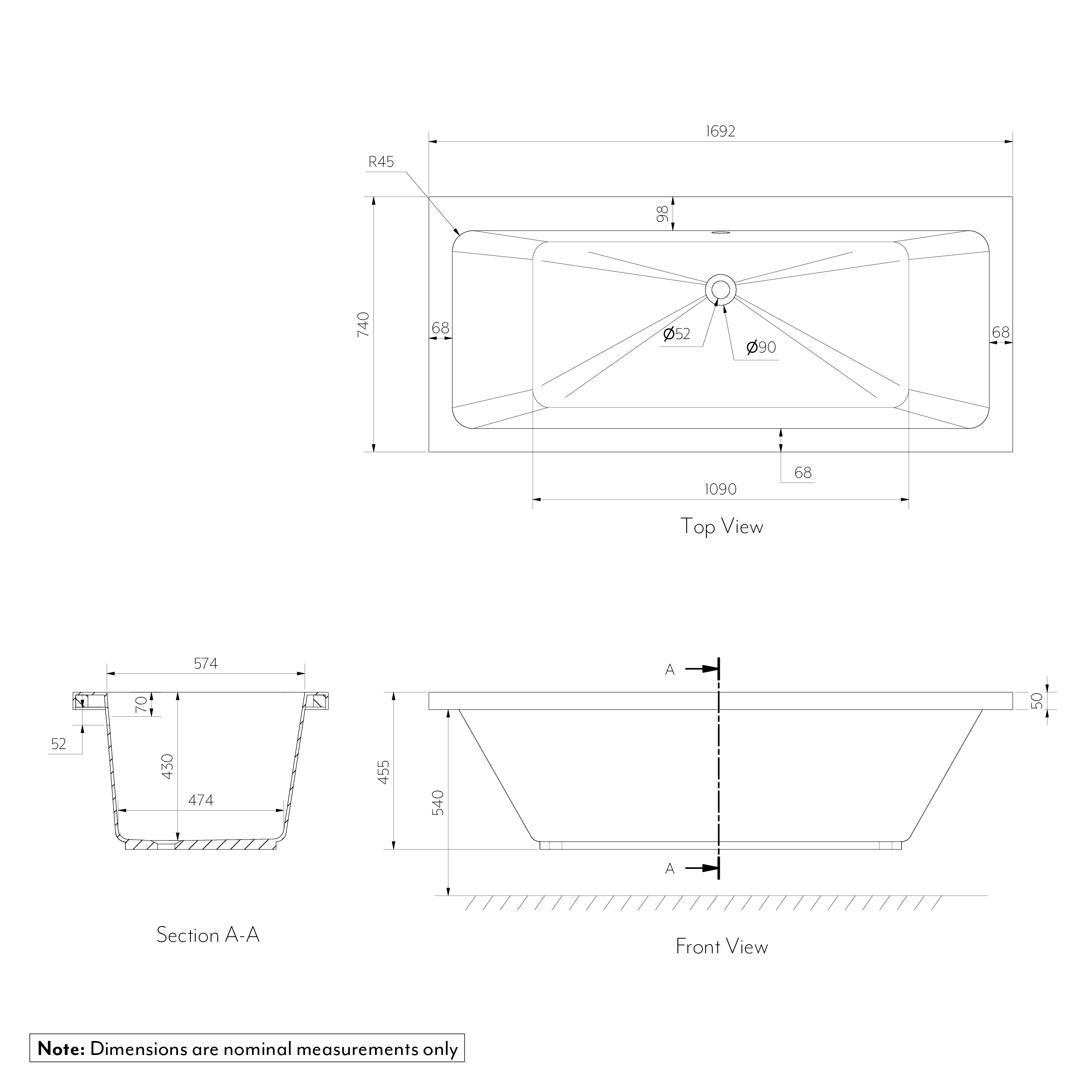 Oro Inset Bath 1700mm - UK SPEC