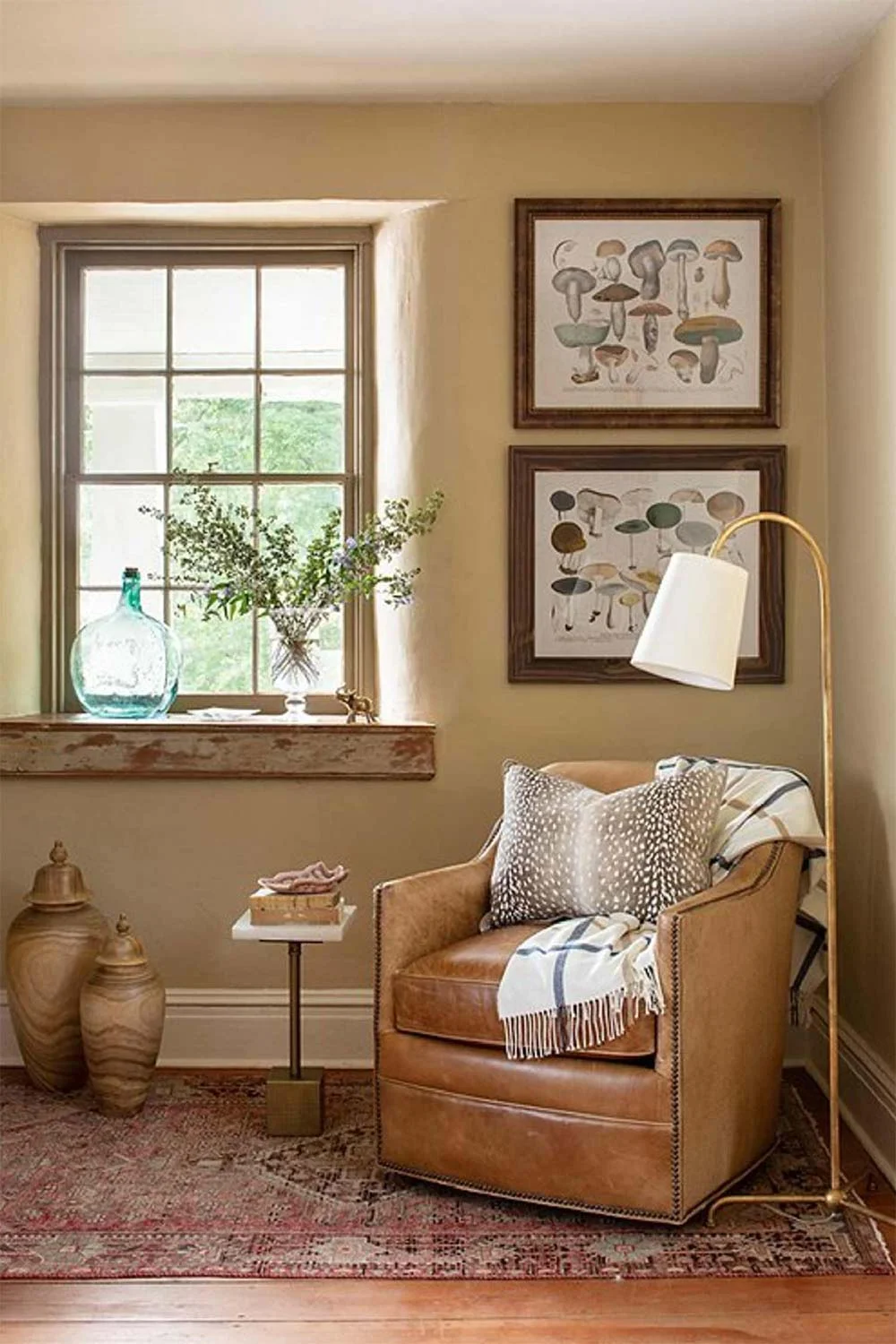 Cottagecore-Reading-Room-French-Windows-Vintage-Art-Rustic-Rug-Leather-Chair