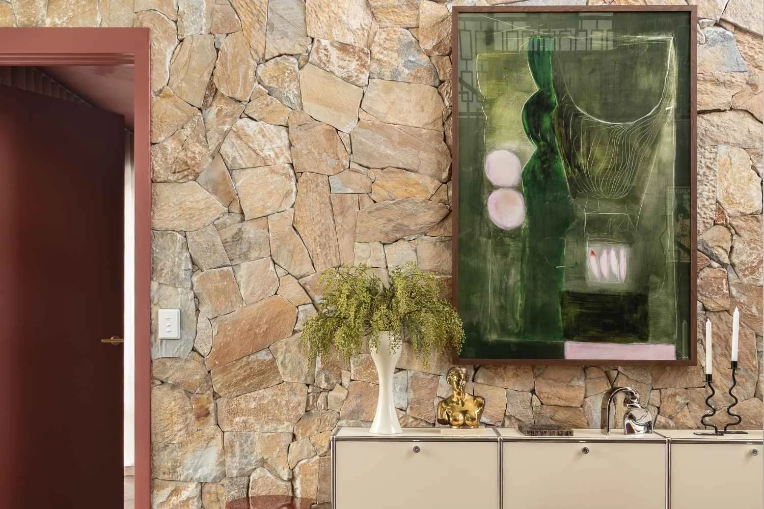 Entryway Decor Ideas Stone Wall Painting Plant