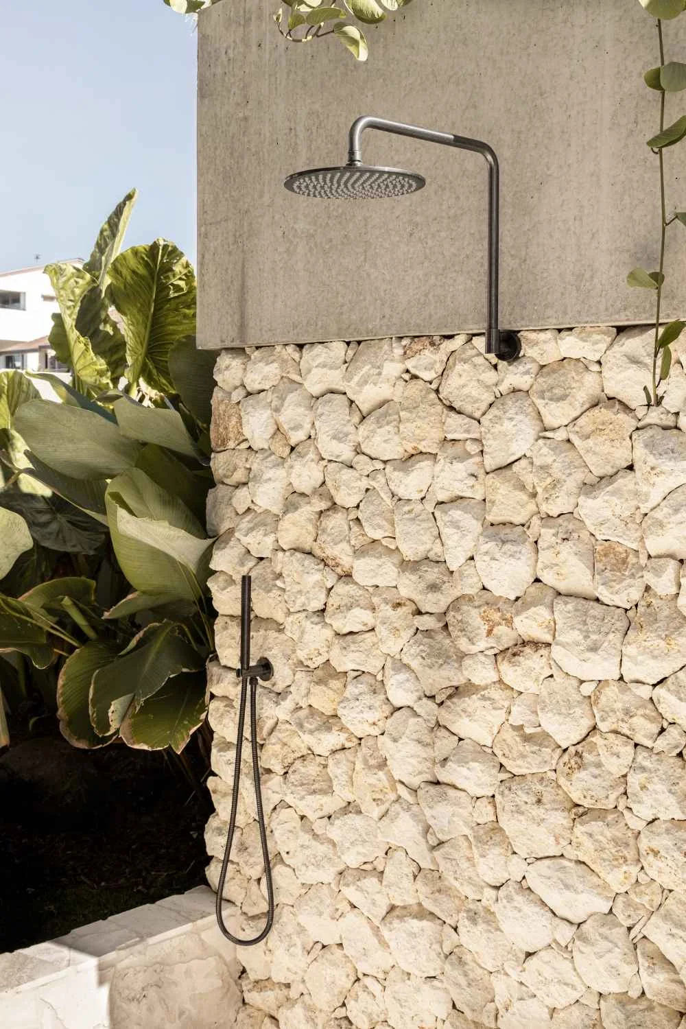 Outdoor Shower Holiday Season Stone Wall