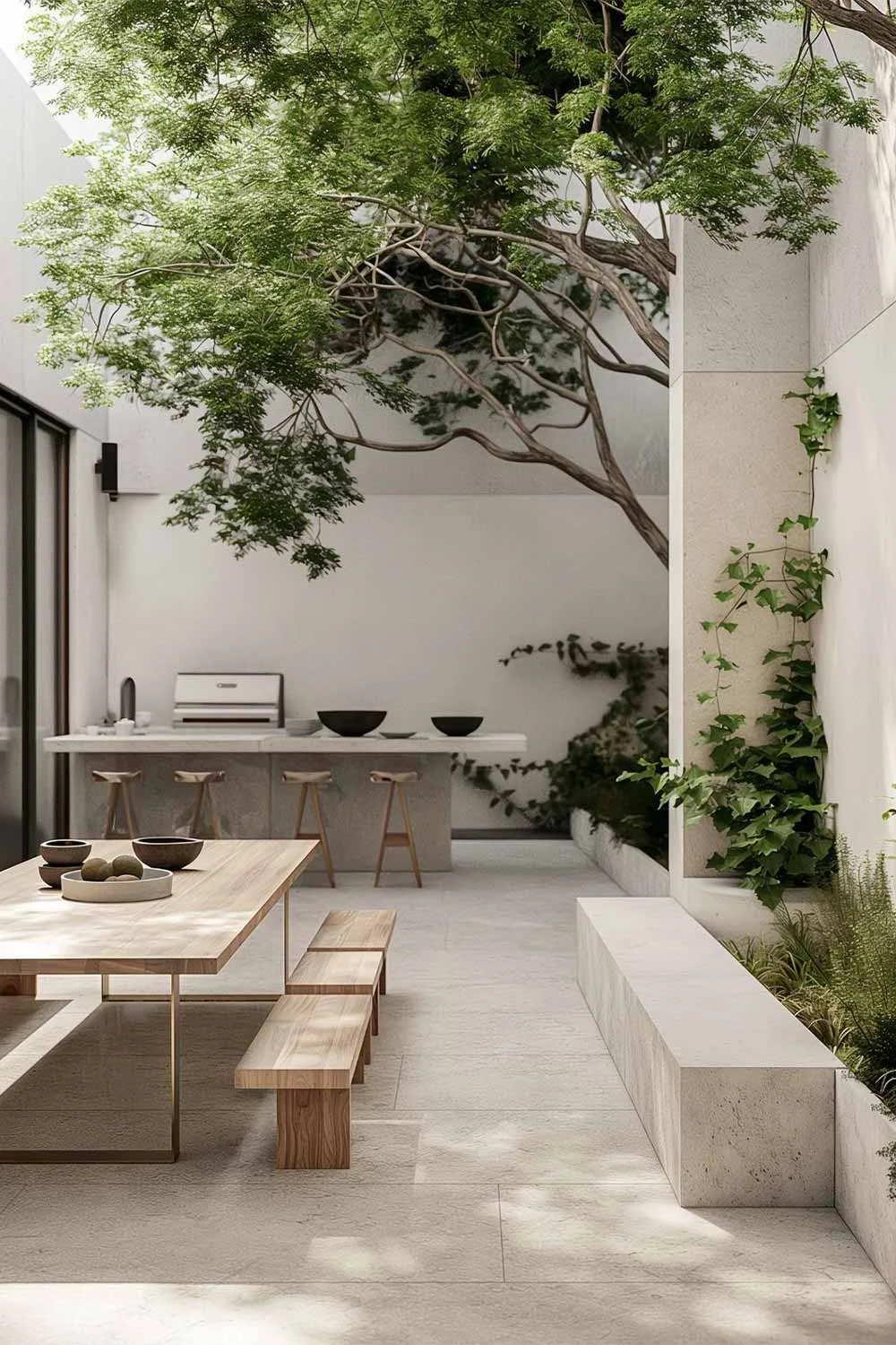 Japandi-Style-Outdoor-Area-Concrete-Trees-Timber-Table-Bench-Seat-BBQ-Oak-Bar-Stools