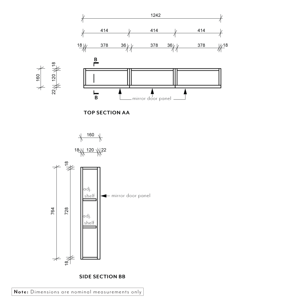 Myra 3-Door Mirror Cabinet Recessed - 1242mm - Specifications 1