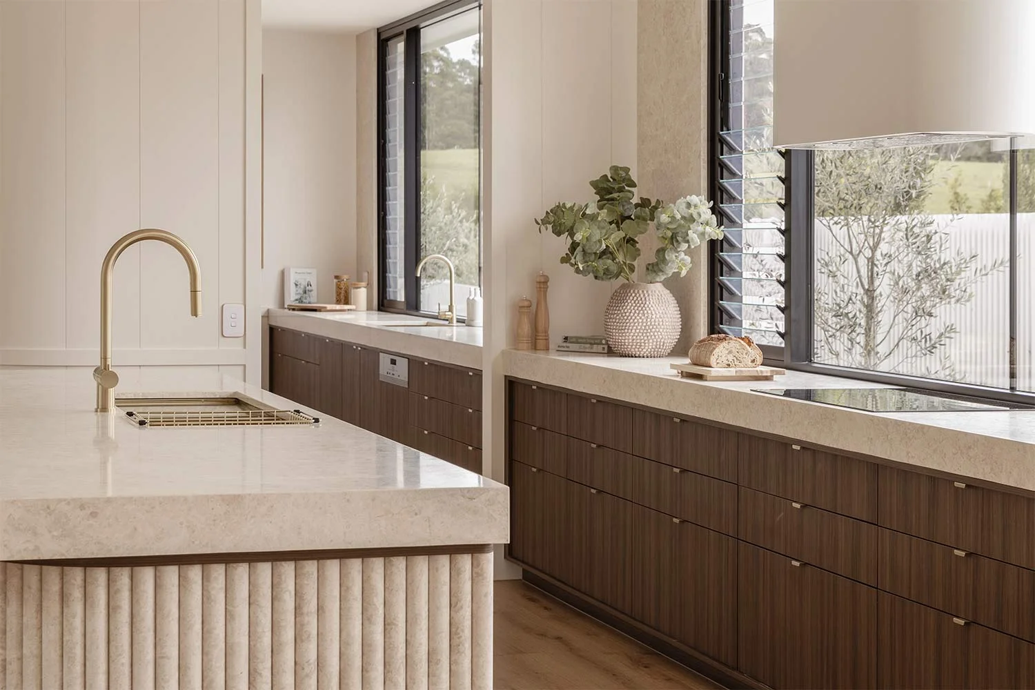 Organic-Modern-Interior-Design-Kitchen-Brushed-Brass-Kitchen-Mixer-Walnut-Cabinetry