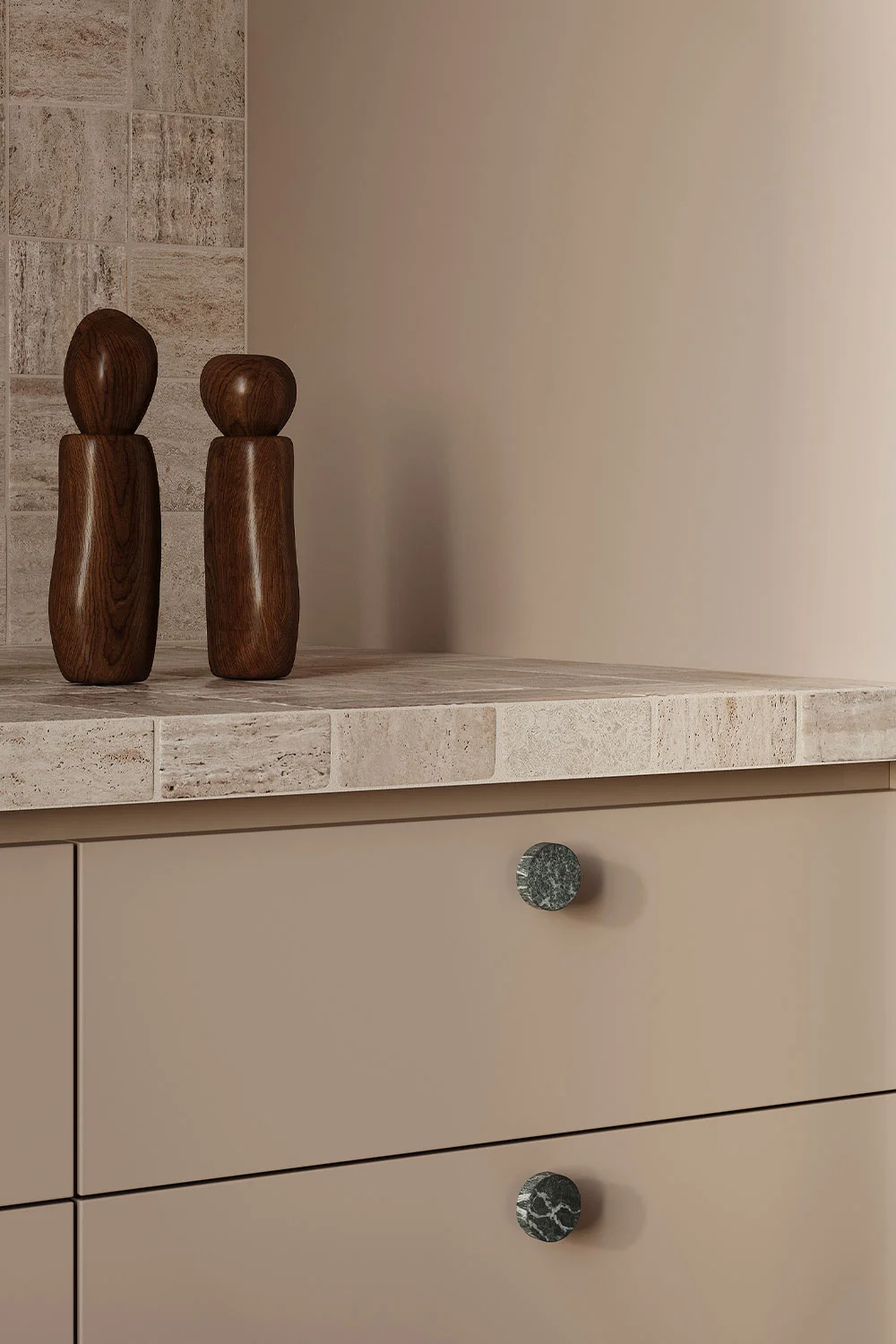 Organic-Modern-Interior-Design-Kitchen-Cabinetry-Alip-Marble-Green-Travertine-Tile-Bench