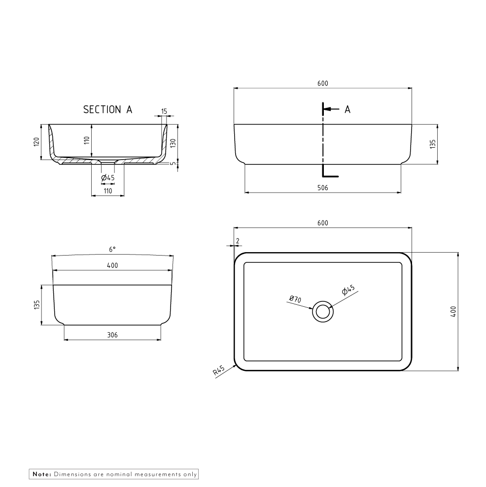 Frankie Basin Sink 600mm  Matte White - Specifications 1