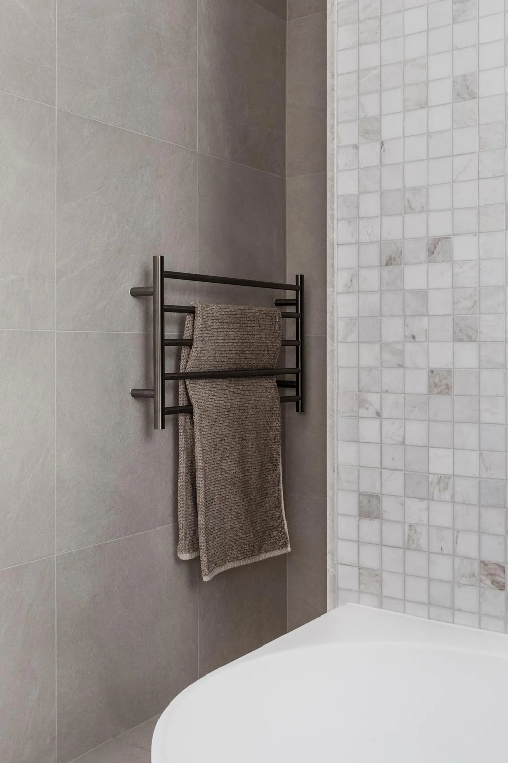 Contemporary-Interior-Design-Zone-1-Projects-Monochrome-Bathroom-Brushed-Gunmetal-Heated-Towel-Rail